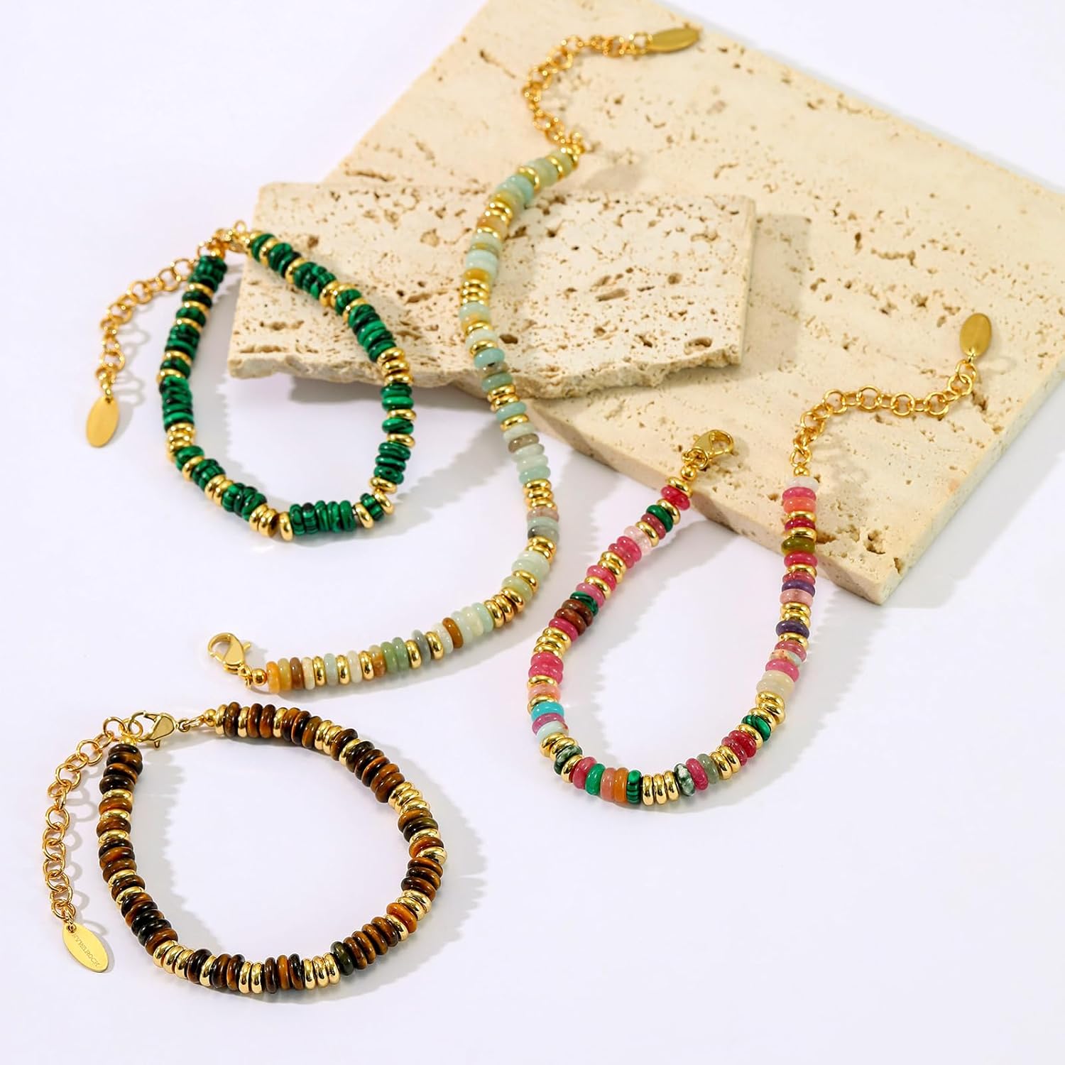 Beaded Bracelet for Women and Girl, Colorful Beach Boho Gems Bracelet 14K Gold Plated Stackable Handmade Bohemian Multicolor Natural Stone Bracelet - Image 5