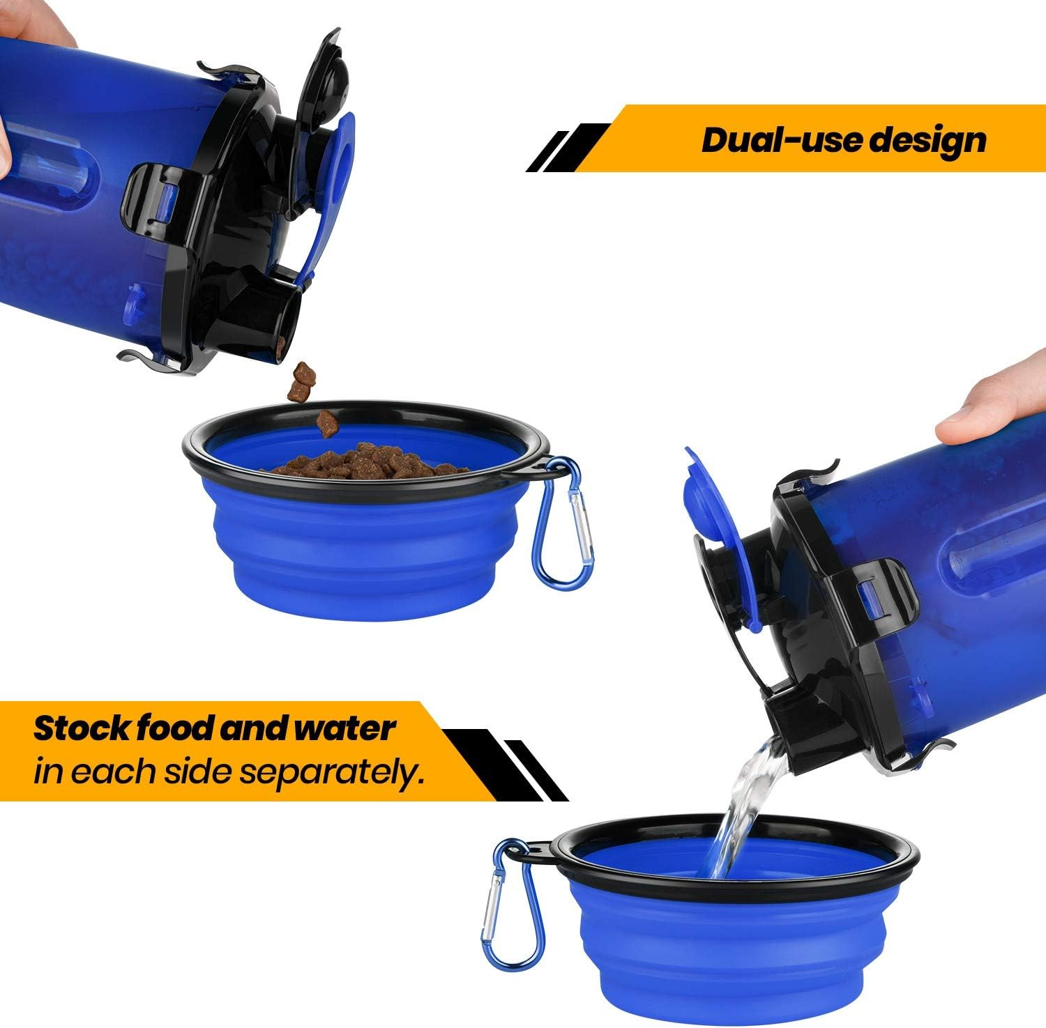 HETH Dog Travel Water Bottle, 2 in 1 Portable Dog Water Dispenser and Food Container with 2 Collapsible Bowls for Your Pets Walking and Traveling (Blue)