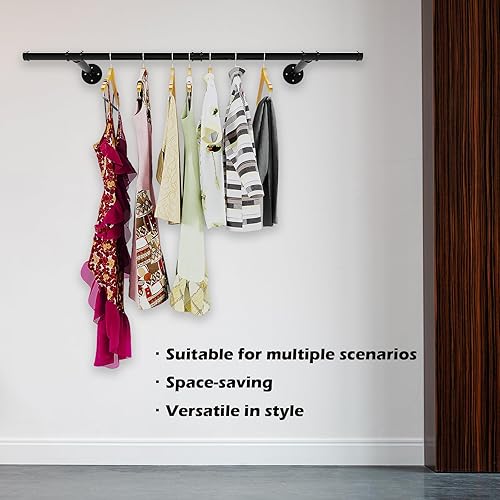 Miniatura 6 de Perchero industrial de tubería, resistente y desmontable, para colgar en la pared, barra de ropa rústica para ahorrar espacio, barra multiusos para