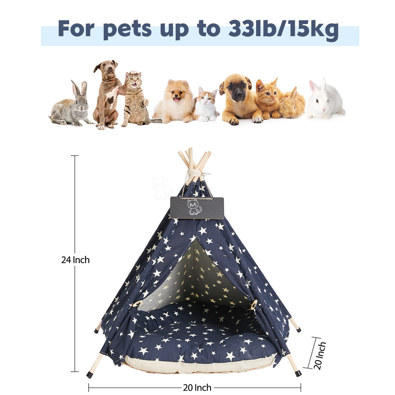 Tienda de Campaña Teepee-61cm Portátil Interior Perro Teepee Cama con Cojín Grueso, Lavable Azul Marino Estrellas Patrón Teepee Tienda Casa para Cachorro y Gato