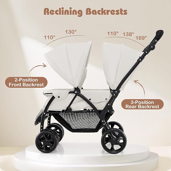 COSTWAY Double Seat Pushchair, Foldable Twin Tandem Stroller with Adjustable Backrest, Push Handle & Footrest, 5 Points Safety Belts, Sunshade, Storage Basket, for from Birth to 15kg (Beige)