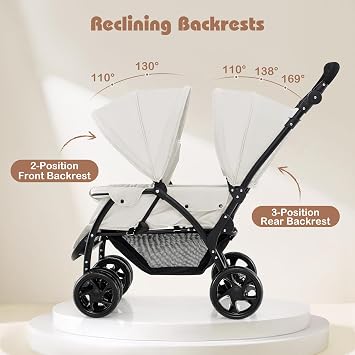 COSTWAY Double Seat Pushchair, Foldable Twin Tandem Stroller with Adjustable Backrest, Push Handle & Footrest, 5 Points Safety Belts, Sunshade, Storage Basket, for from Birth to 15kg (Beige)