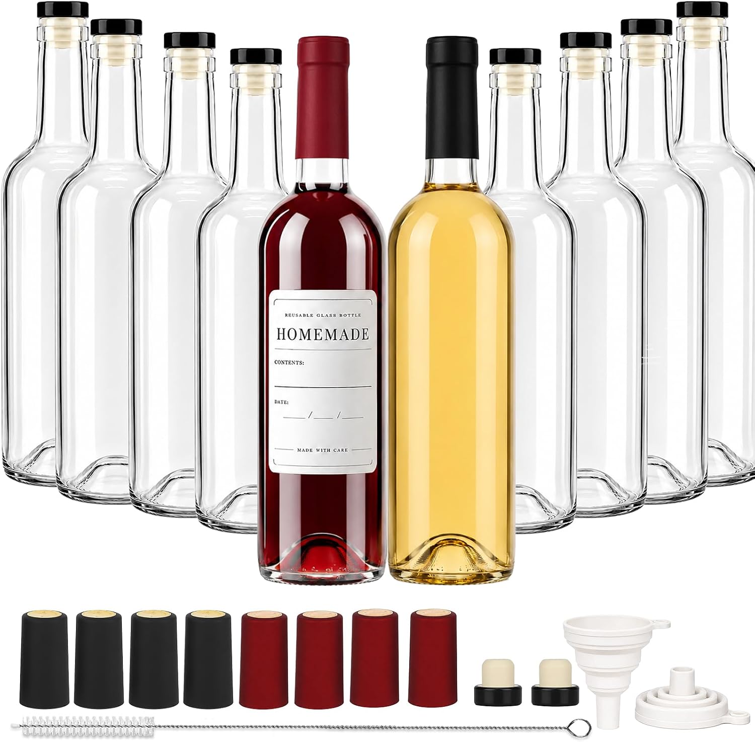 TBWIND 10 Pack 25oz (750ml) Clear Glass Wine Bottles with Airtight T-Top Corks & Shrink Capsules for Wine, Mead, Limoncello & Homebrewing, Includes Funnels & Brush