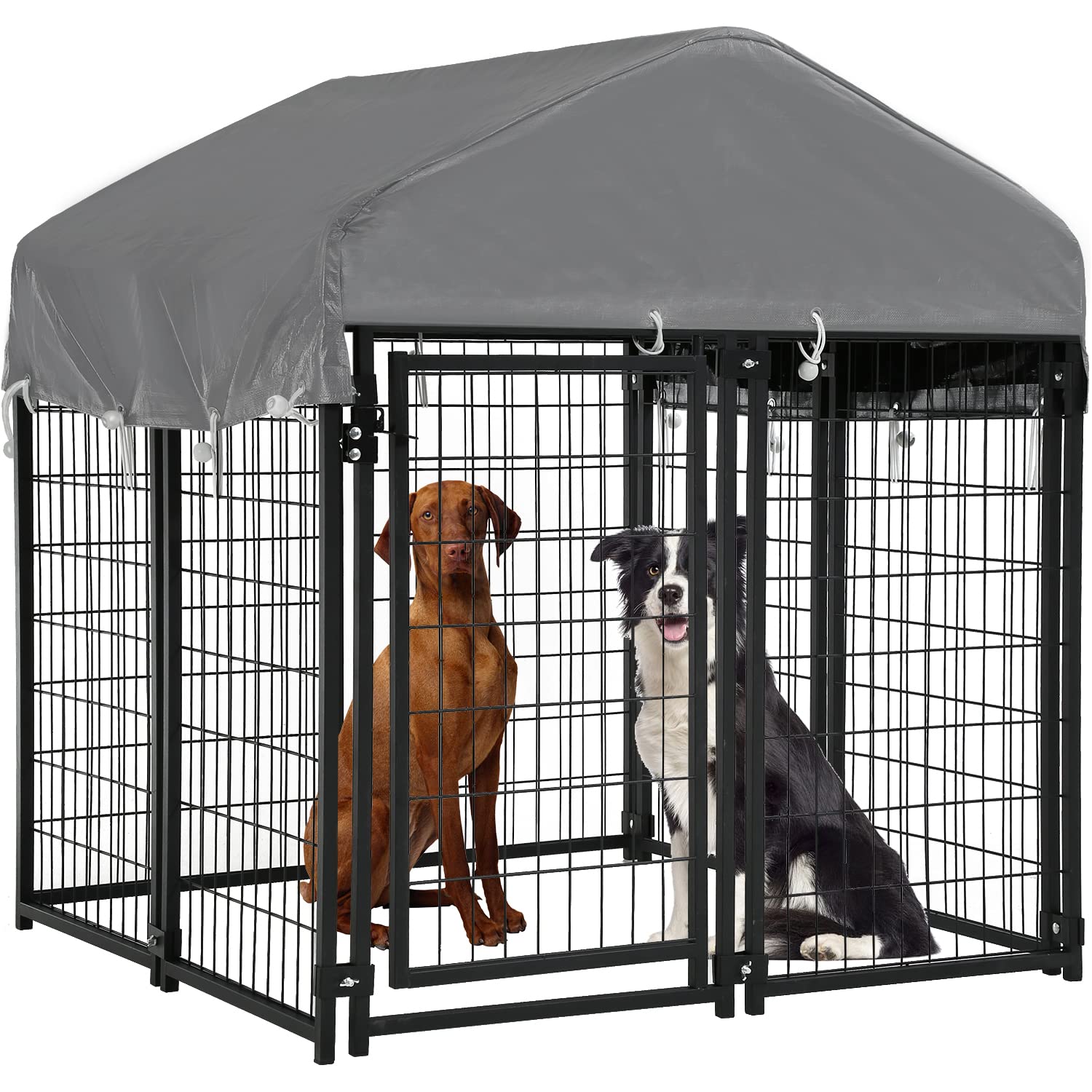 Vnewone Dog Pen Dog Playpen House Heavy Duty Outdoor Metal Galvanized Welded Pet Crate Kennel Cage with UV Protection Waterproof Cover and Roof Black 4x4x4.4 ft