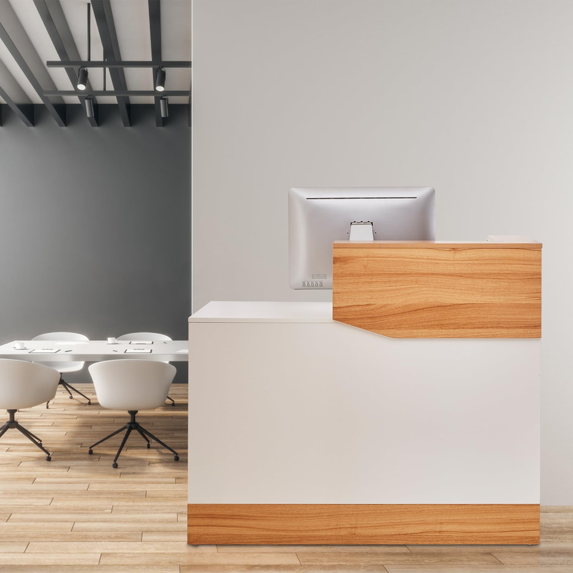Mostrador de Recepción Moderno 120 cm en Madera, Escritorio Profesional con Organizador de Cables Mueble de Recepción para Peluquerías, Centros de Belleza, Tiendas, Hoteles y Oficinas