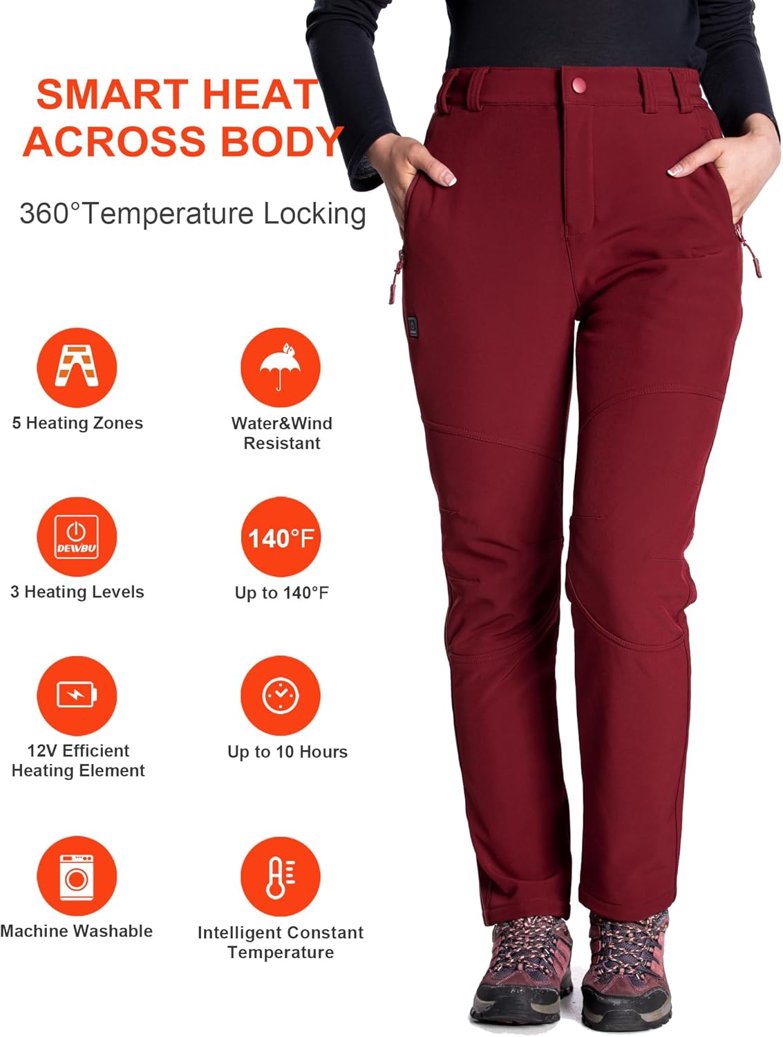 DEWBU Heated Pants for Women with 12V Battery Pack Fleece Lined Outdoor Softshell Pants Electric Heating Trousers - Image 3