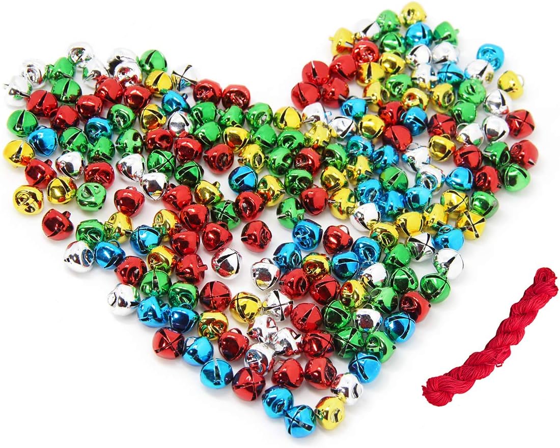 200 Pieces Jingle Bells, BetterJonny 10mm Small Bell Mini Craft Bell Bulk with 27M Red Cords for