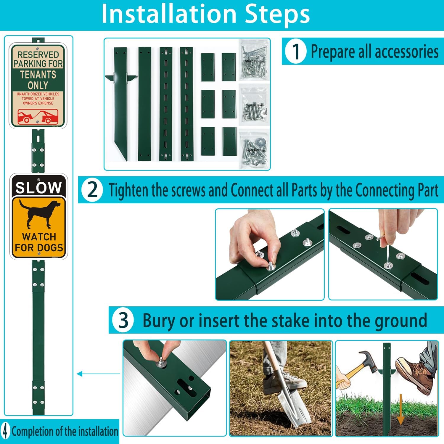 8 Ft Sign Post for Outside, Heavy Duty Yard Signs Stakes, 96 inch Metal Lawn Pole with Holes for Events, Parking, Garage, Bar, Easy Assembly,Rust-Resistant Durable DIY 1Pcs Green