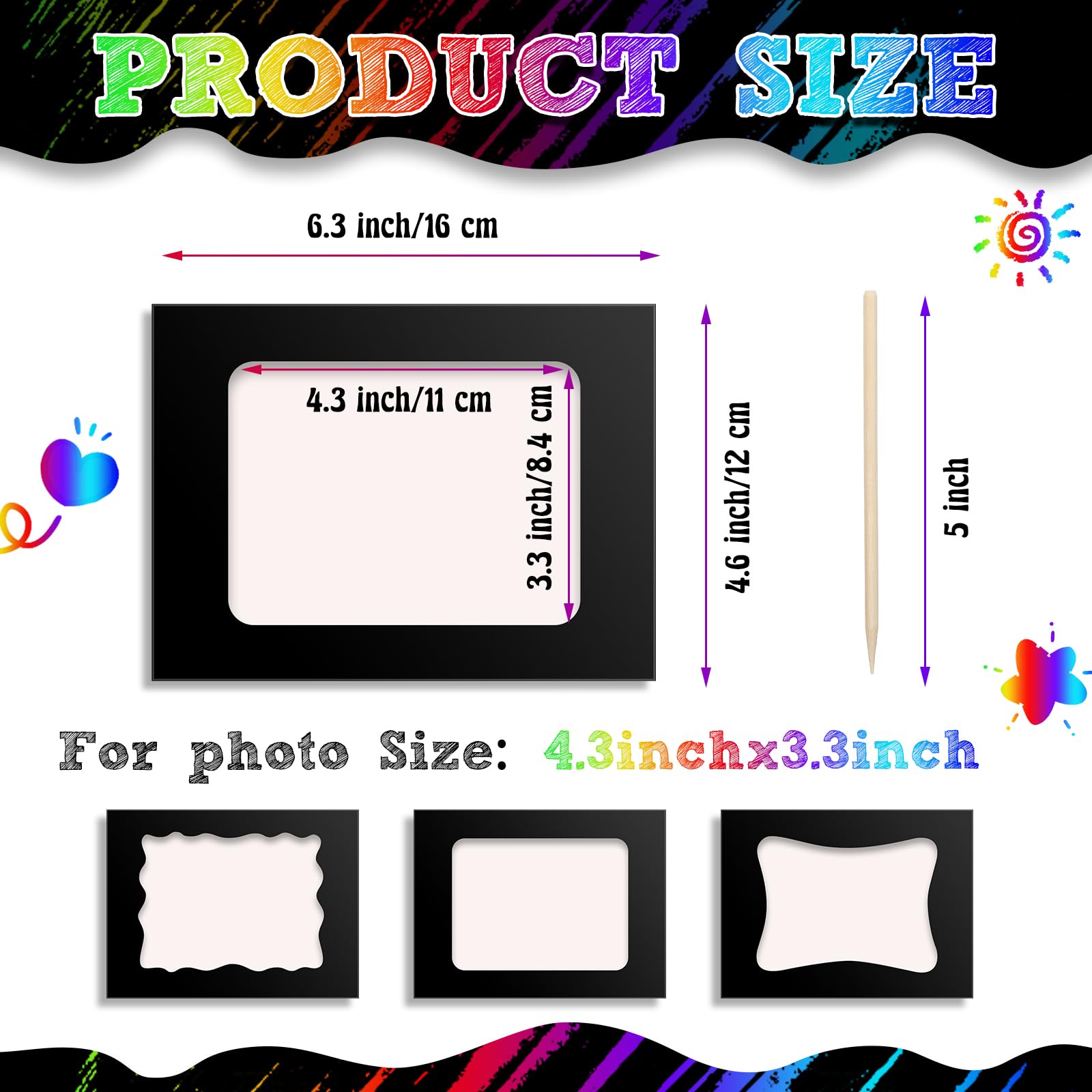 Motipuns 24 Pcs Scratch Picture Frame Craft Kits for Kids DIY Scratch Paper Photo Frame with Wooden Stylus First Day of School 4 x 6 Children Photo Classroom Activities Decor(Black,Multiple Shapes)