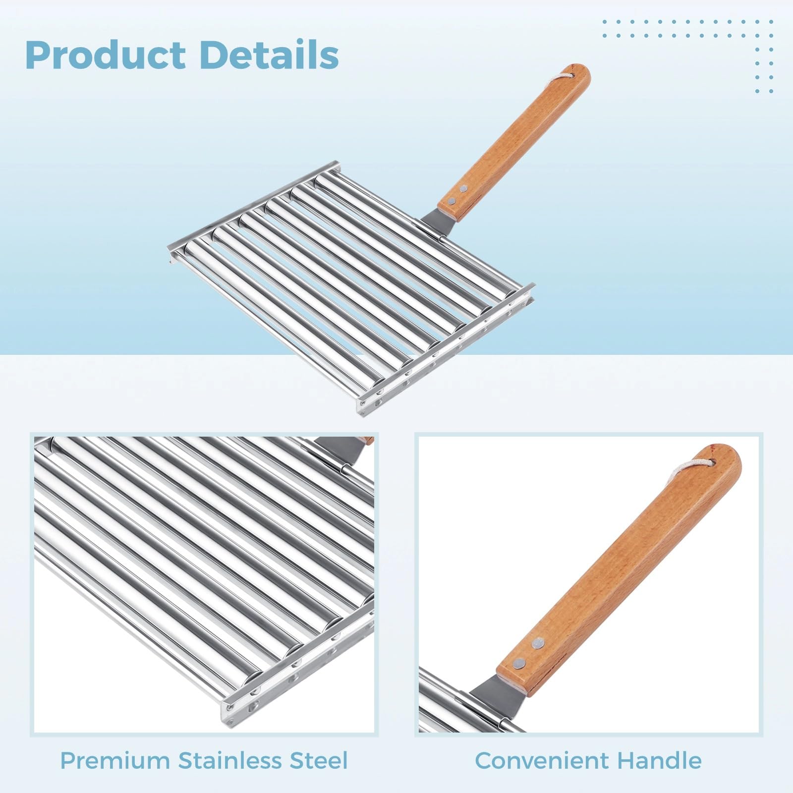 Edelstahl-Grillrolle für Hot Dogs, Wurstgrillrost mit Holzgriff, 2 Stück, 24,9 x 18,1 cm