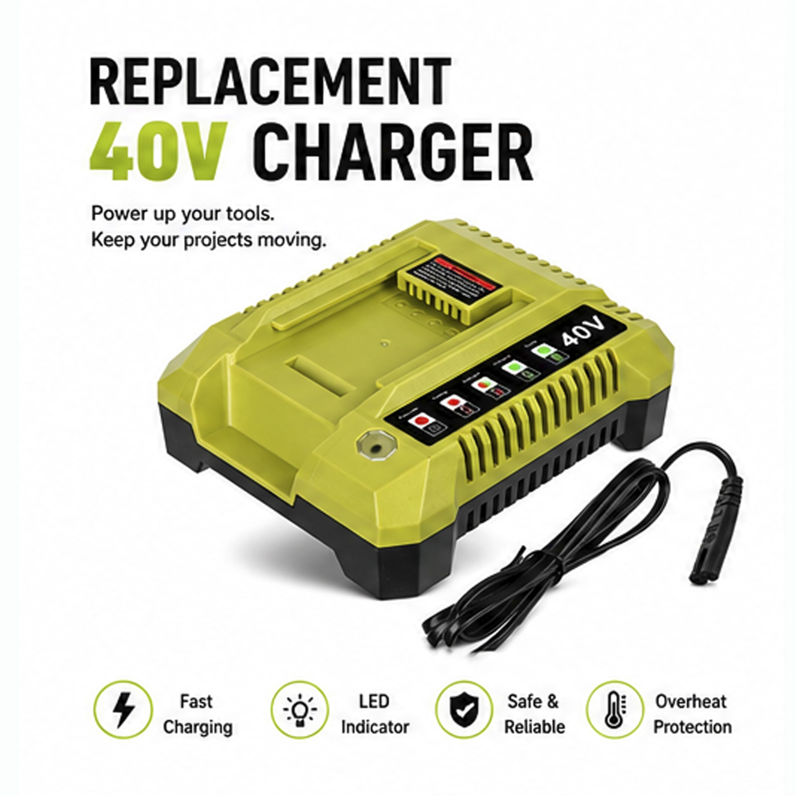 Caricabatterie 40 V per Ryobi 40 V, OP401, compatibile con batterie agli ioni di litio Ryobi da 40 Volt OP4015 OP4026 OP4030 OP4040 OP4050 OP40601