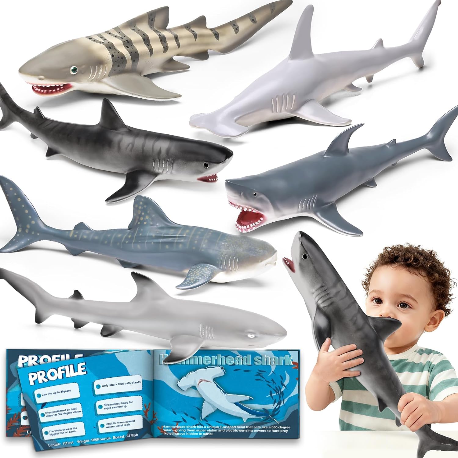 6 Pack Large Size Shark Toys(15-16 Inch) with Educational Booklet, Soft Plastic Figurines, Party Decoration, Under The Sea Creature Toy, Ocean Animal Figure for Kid Boy Girl Toddler, Cake Toppers