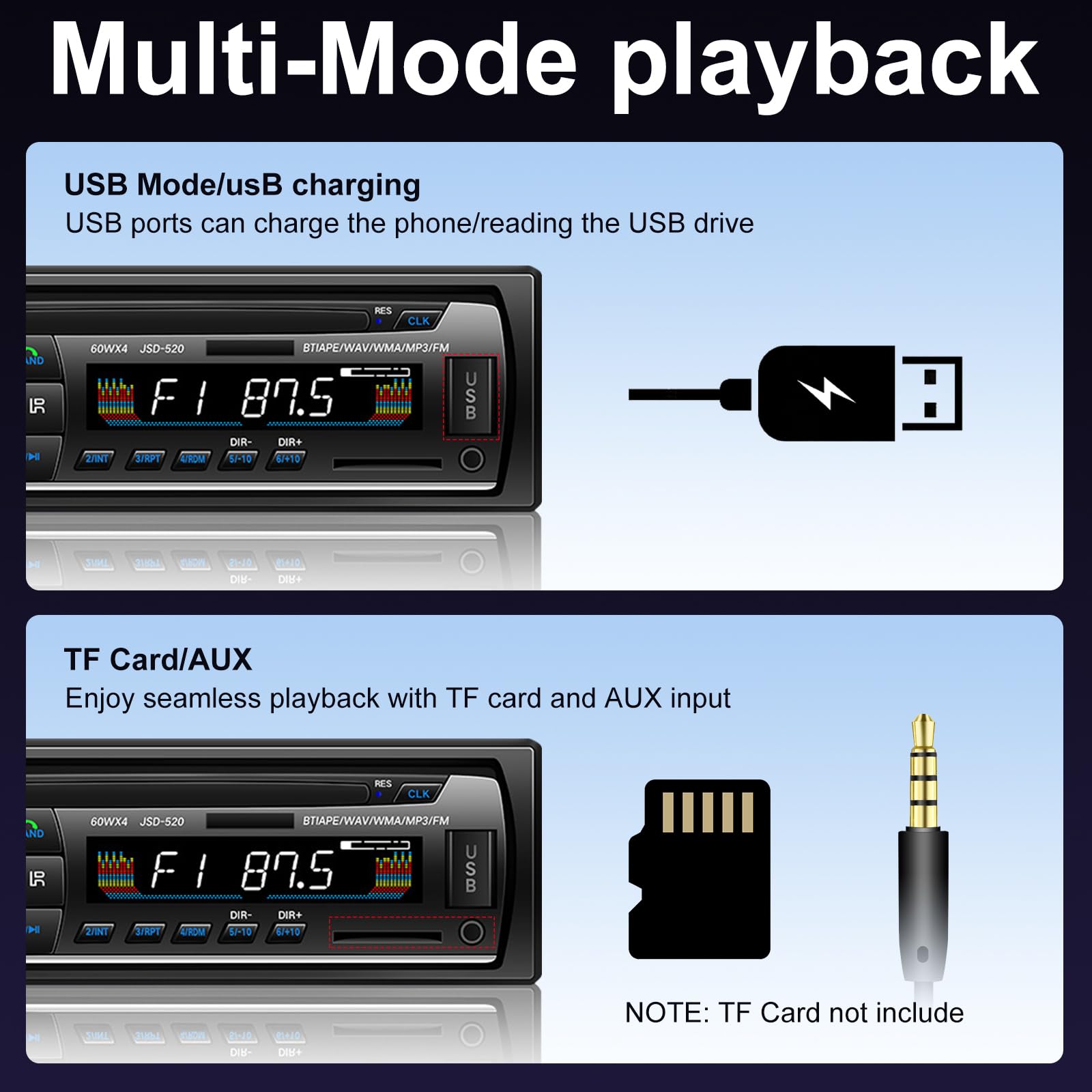 Souvik Radio samochodowe Bluetooth 5.0, radio samochodowe z zestawem głośnomówiącym, z odtwarzaczem USB/AUX/TF/EQ/MP3, z zegarem/pilotem, ekranem LED, szybkie ładowanie, 5 efektów dźwiękowych