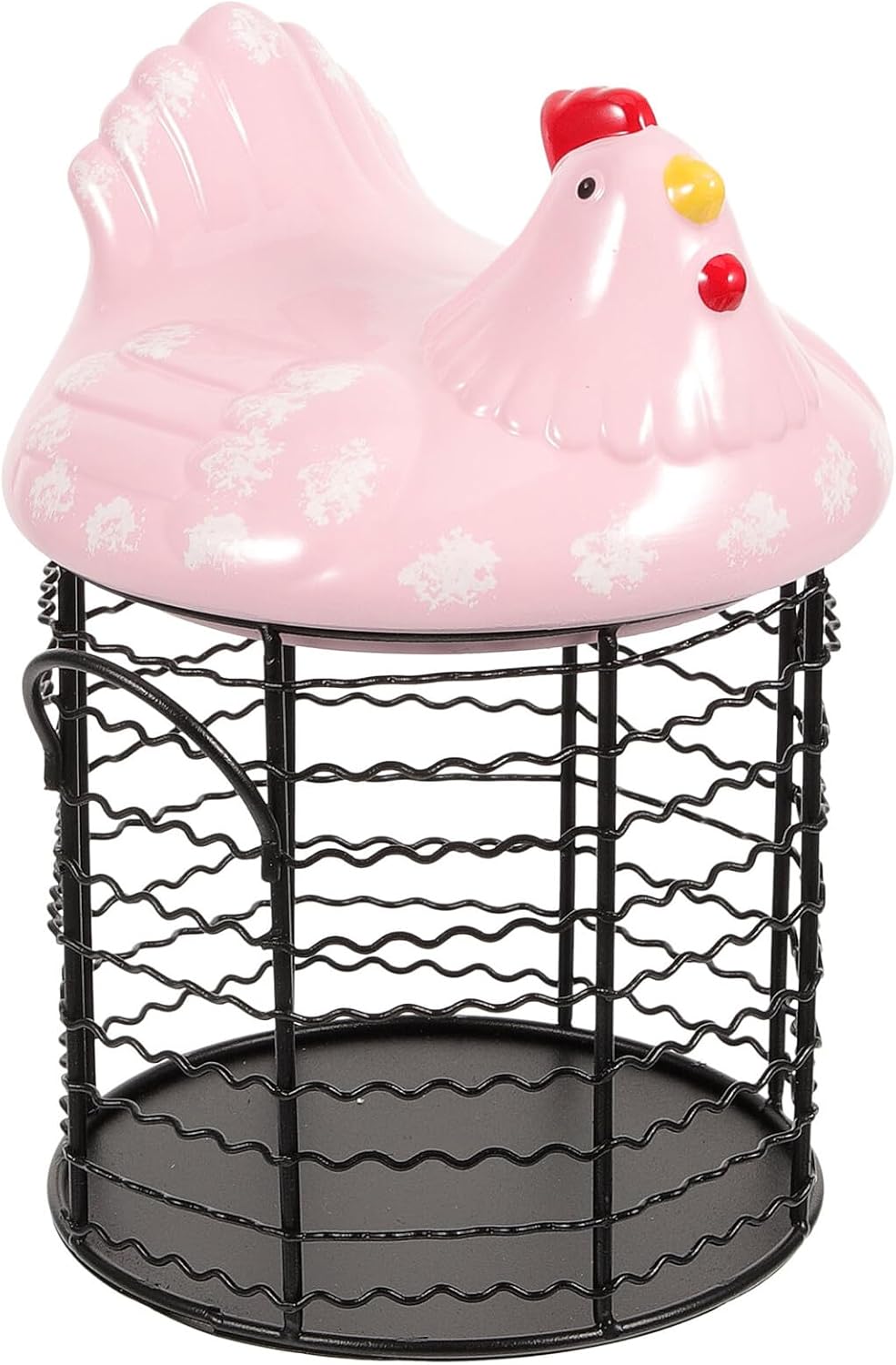 Ceramic Hen Shape Egg Basket with Metal Wire Frame, Multifunctional Food Storage Basket for Fresh Eggs, Garlic, Fruits, and Potatoes, Decorative Kitchen Countertop Organizer