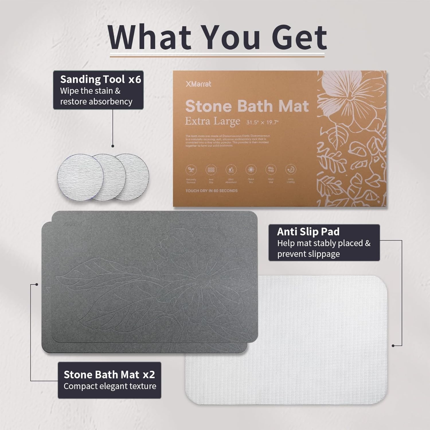 Extra Large Stone Bath Mat Large 2 Pack, 31.5'' x 19.7'' Diatomaceous Earth Non-Slip Stone Shower Mat, Super Absorbent Diatomite Stone Mats for Bathroom, Quick Drying, Easy to Clean - Image 6