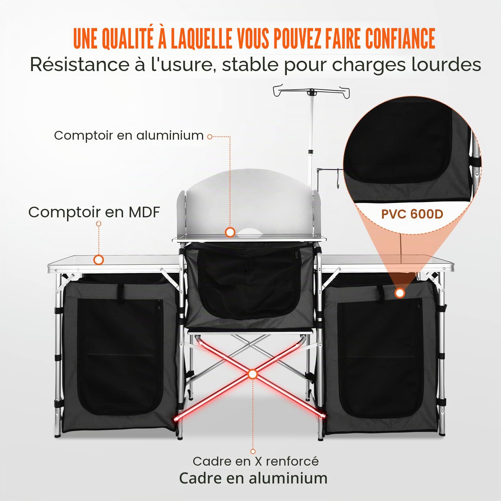 VEVOR Cuisine de Camping 174 x 176 x 46 cm Armoire de Camping Pliable Structure en Alu Grand Comptoir Meuble de Cuisine avec Pare-Brise 5 Compartiments avec Sac de Transport Noir pour BBQ Pique-Nique