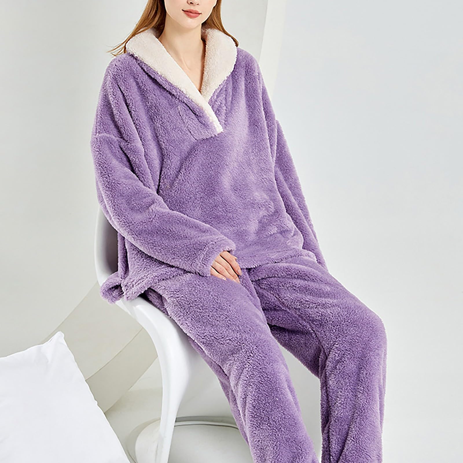 Conjunto de ropa de descanso para mujer, de forro polar, pijama esponjoso para mujer, talla grande, cuello en V, con cuello, suéter de franela, grueso, térmico, de dos piezas, cómodo, ropa de dormir