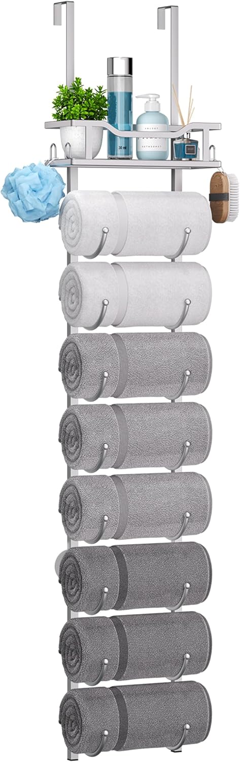 SWTYMIKI Over The Door Towel Rack - 9 Tier Towel Racks for Bathroom Wall Mounted, Towel Holder with Shelf, Hanging Rolled Towel Storage Organizer for Small Bathroom, Camper, RV, Sliver