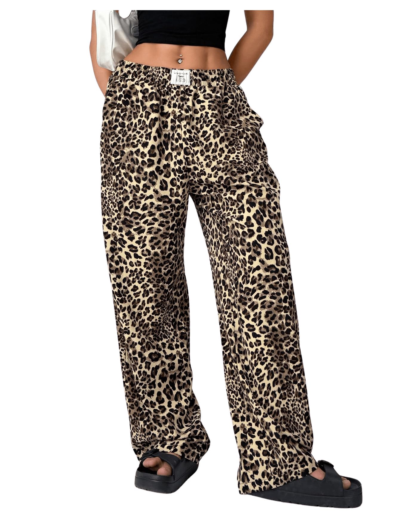 Womens Letter Leopard Print Straight Leg Pants Elastic Waist Y2K Trousers Bottoms with Pockets