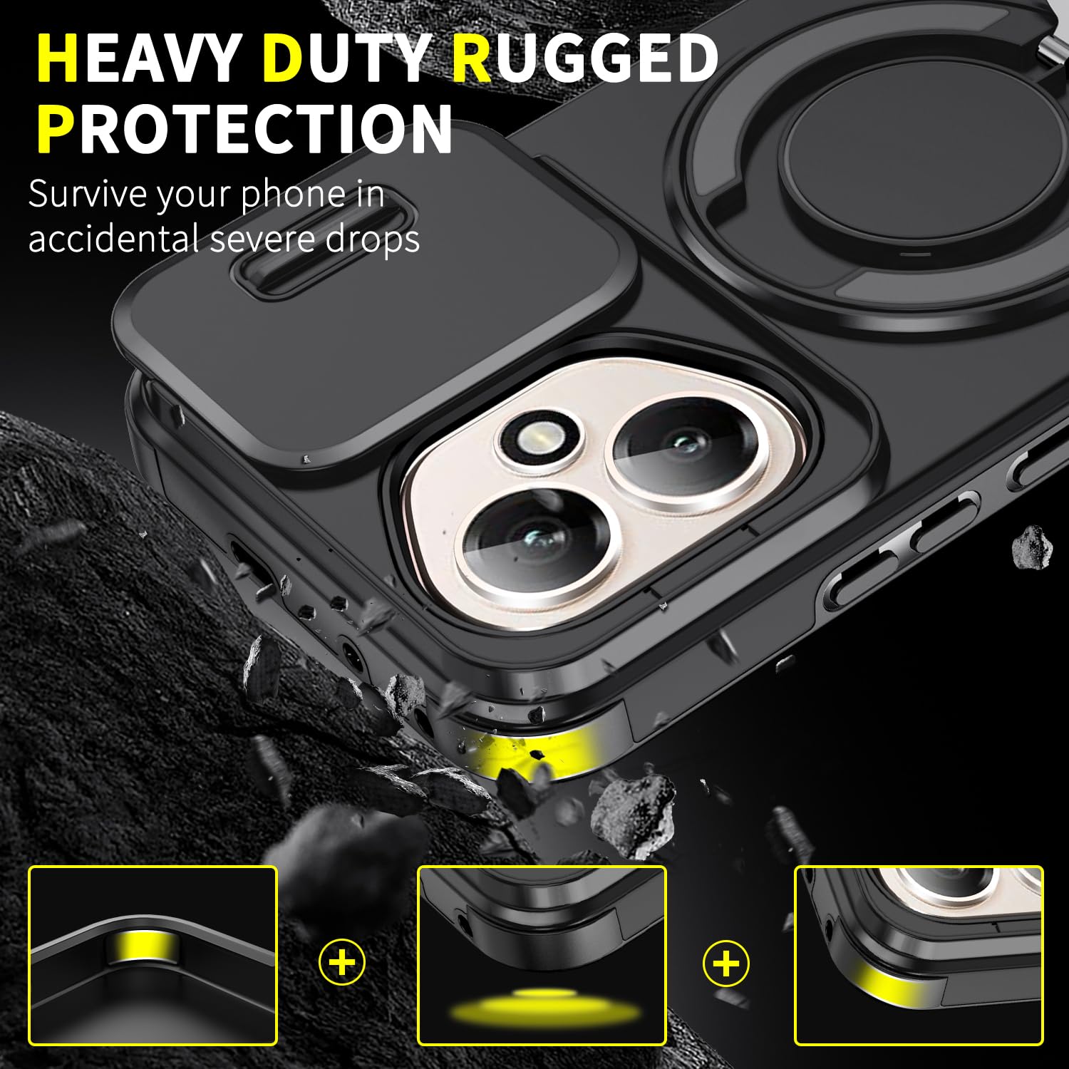 Coque Honor 400 5G Avec Cache Caméra Coulissant Et Support Rotatif 360° - Protection Anti-choc Militaire - Noir
