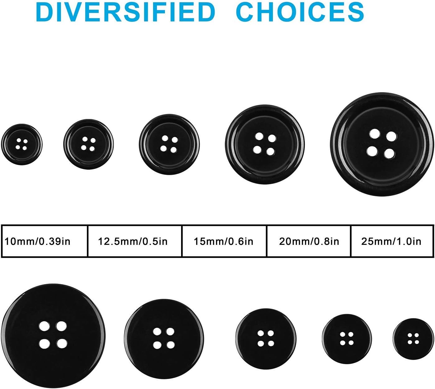 100 Pcs Premium Mixed Resin Sewing Buttons, ONLYWEE Eco-Friendly 4-Hole Craft Buttons, 5 Sizes of Black Buttons Suitable for Sewing, DIY and Holiday Decoration(Black)