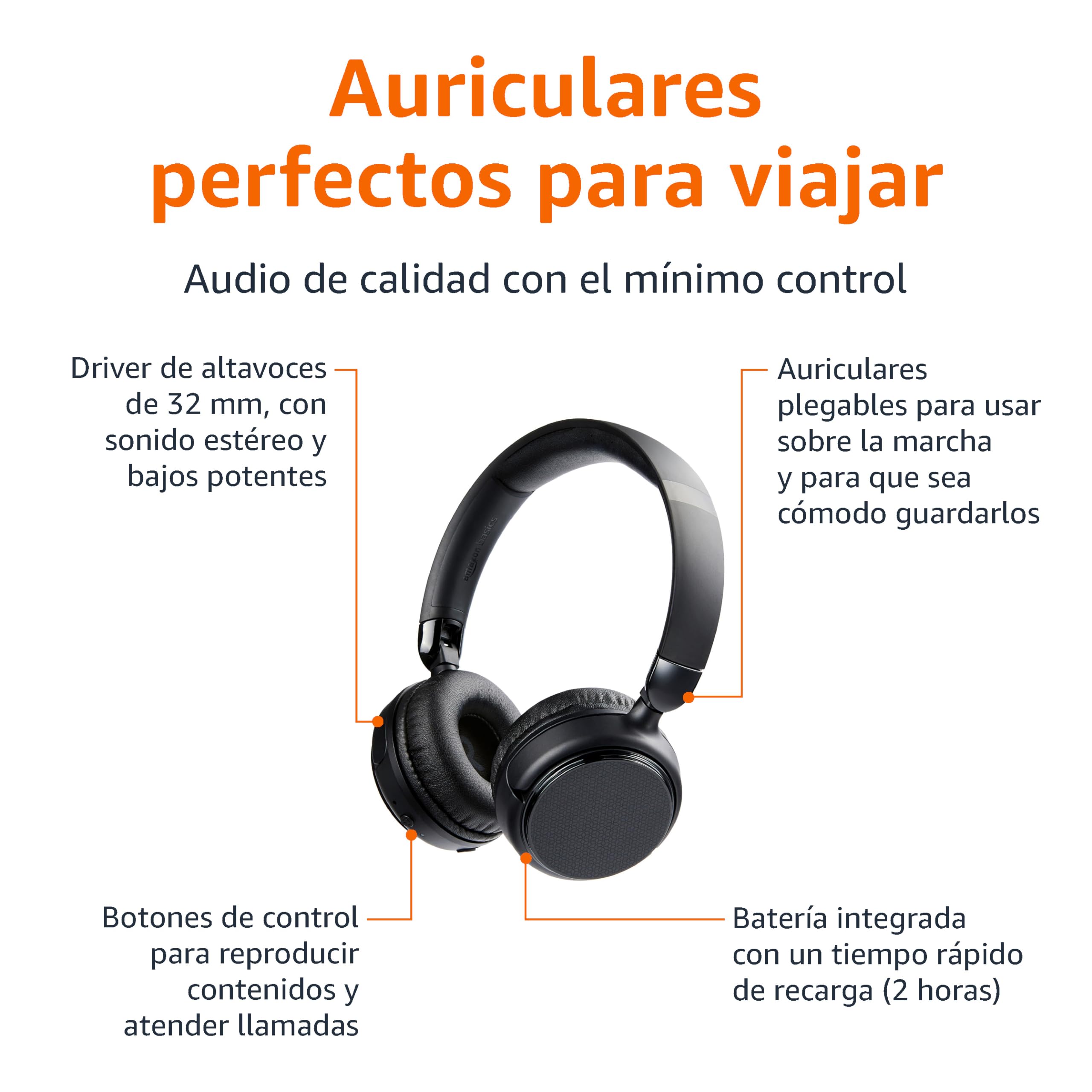 Amazon Basics auriculares inalámbricos Bluetooth 5.1, supraaurales, 35 horas de reproducción, ligeros y ajustables para viajes, oficina, teléfono móvil o PC, color negro