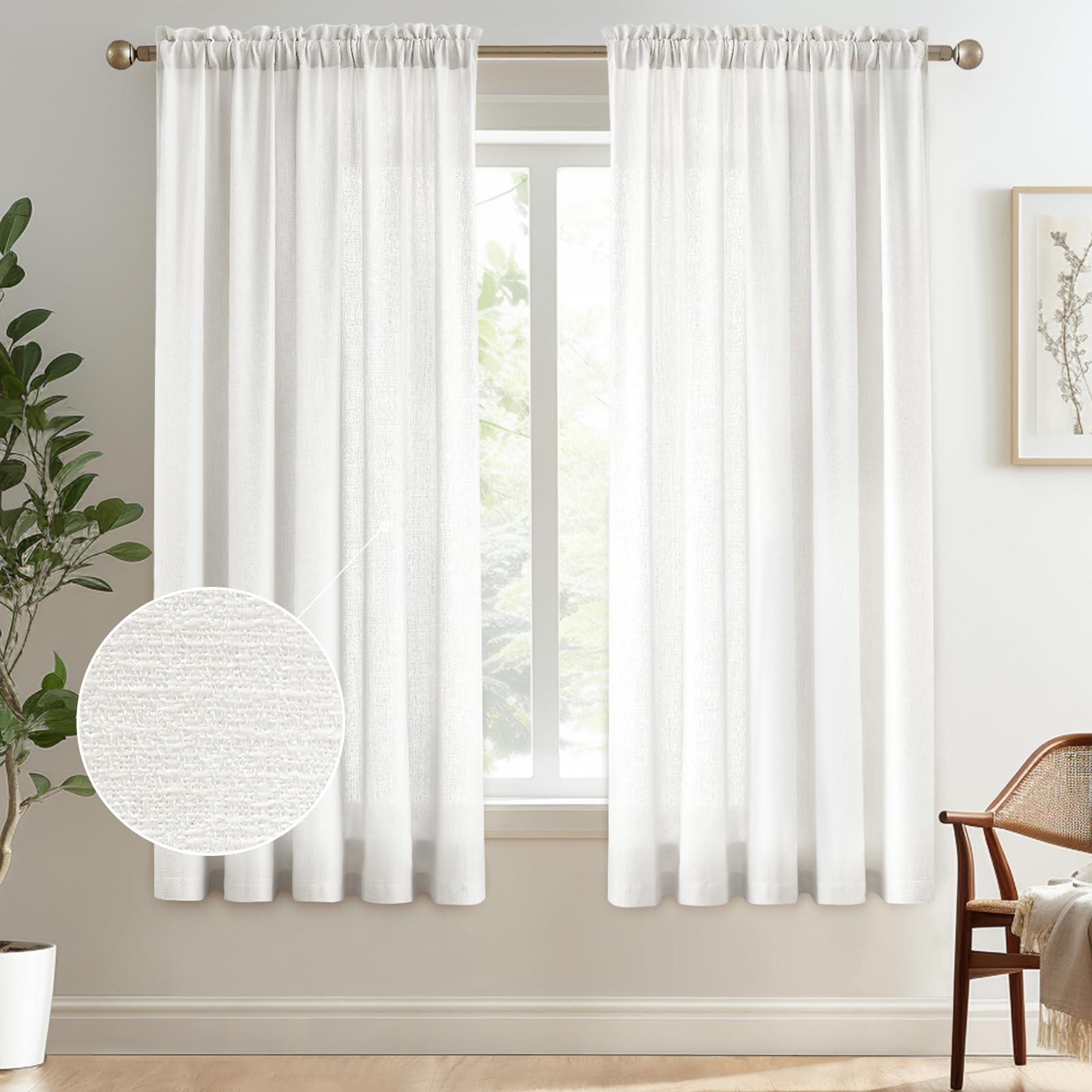 Melodieux Ivory Semi Sheer Curtains 63 Inch Length for Bedroom Living Room, Farmhouse Linen Texture Light Filtering Home Office Shiny Sheer Drapes Rod