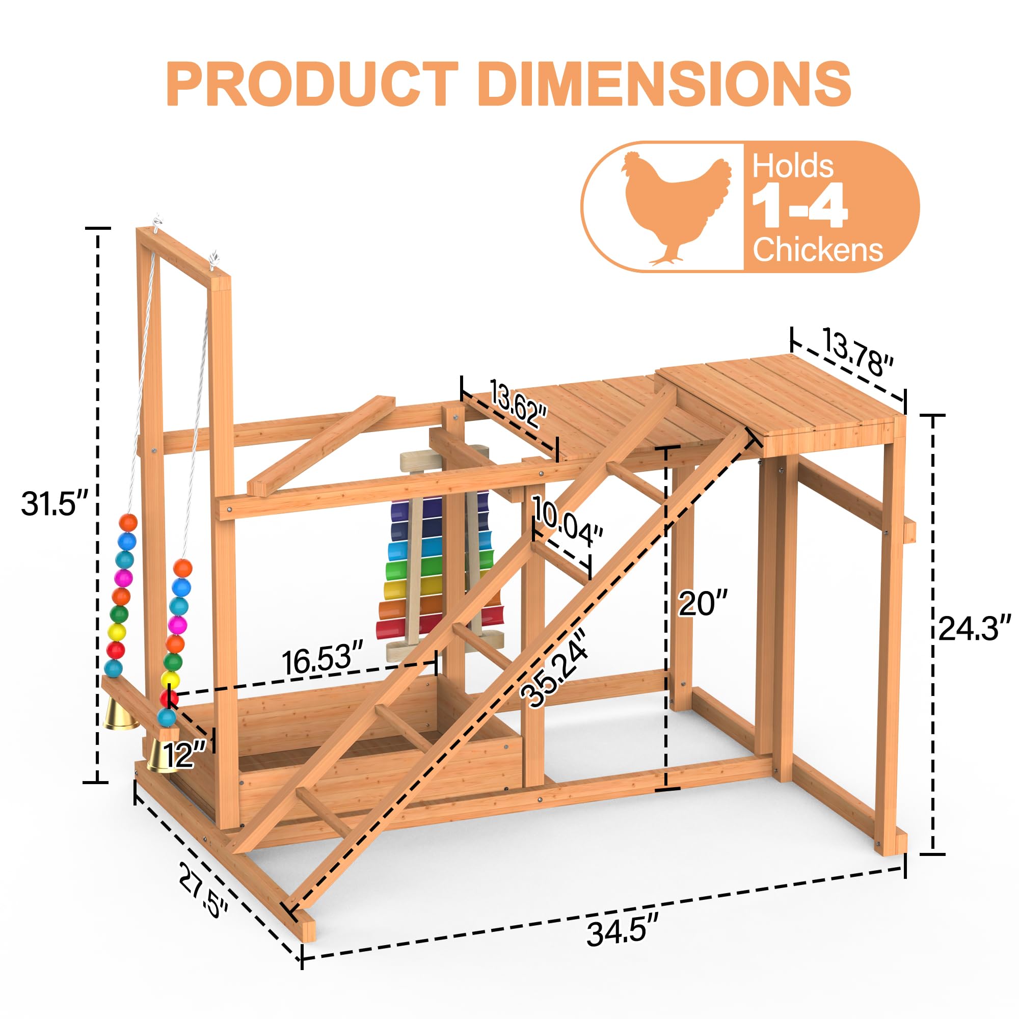 Juego de actividades de pollo, múltiples perchas de pollo con juguete de columpio, accesorio de gallinero de madera con escalera y plataformas y almacenamiento de alimentos, juguete para pájaros al