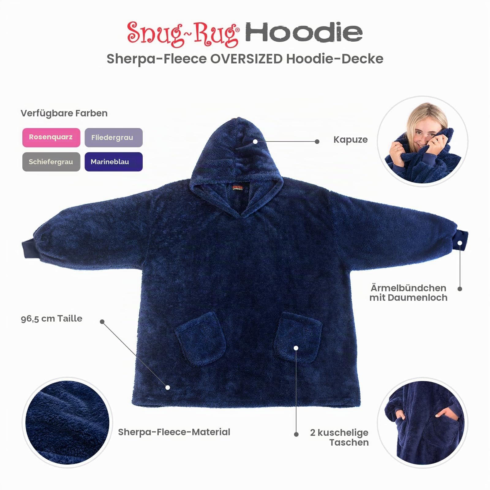 Snug Rug Marineblau Schiefergrau Tragbare Decke Hoodie - Decke mit Ärmel Sherpa Fleece Erwachsene Pullover Kapuzenpullover Weich Bequem Übergroße Decken