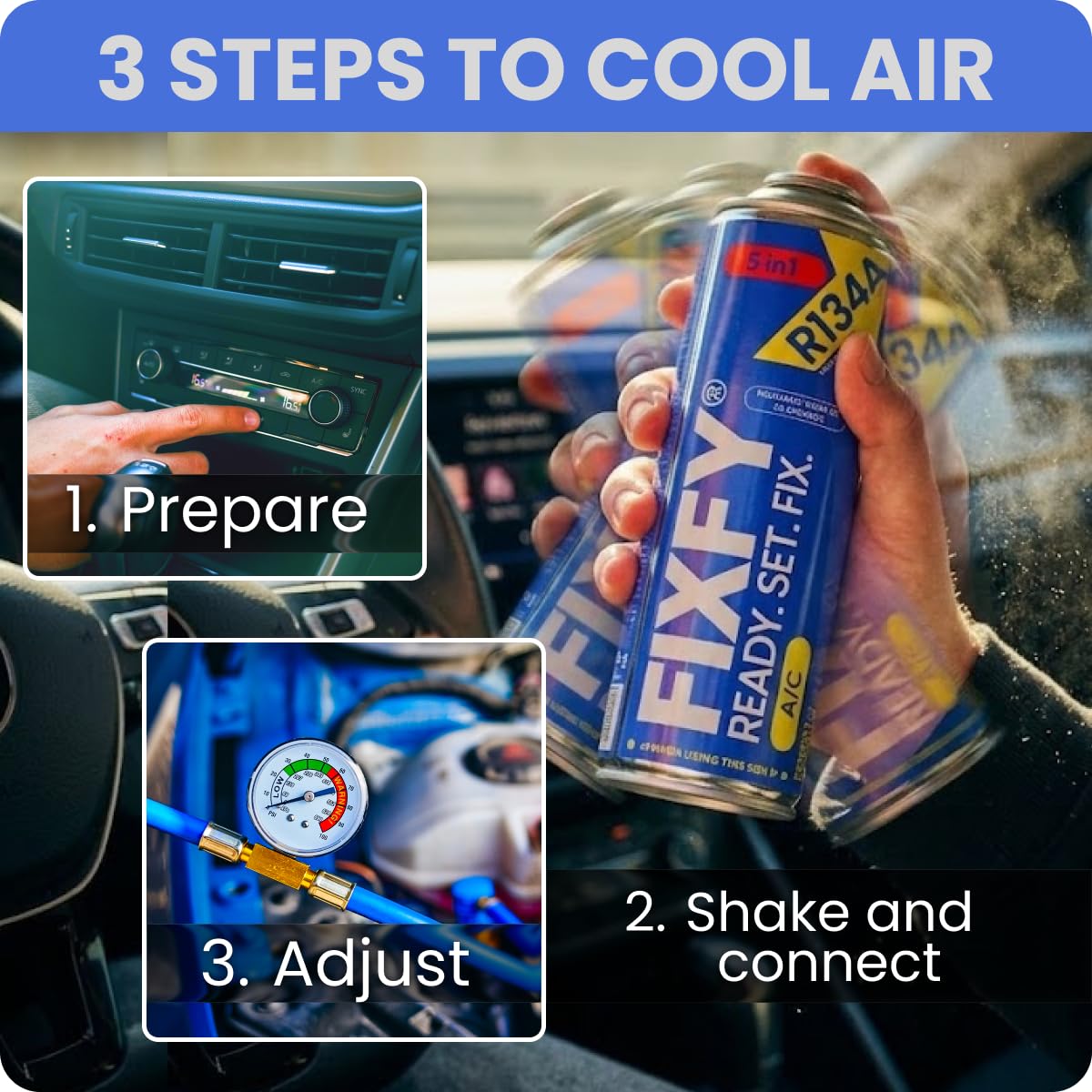 3 en 1 Lot de 2 bombes de réfrigérant R134a de rechange, (500 ml chacune), avec huile et produit d'étanchéité, remplissage autonome de la climatisation, pour véhicules entre 1995 et 2016