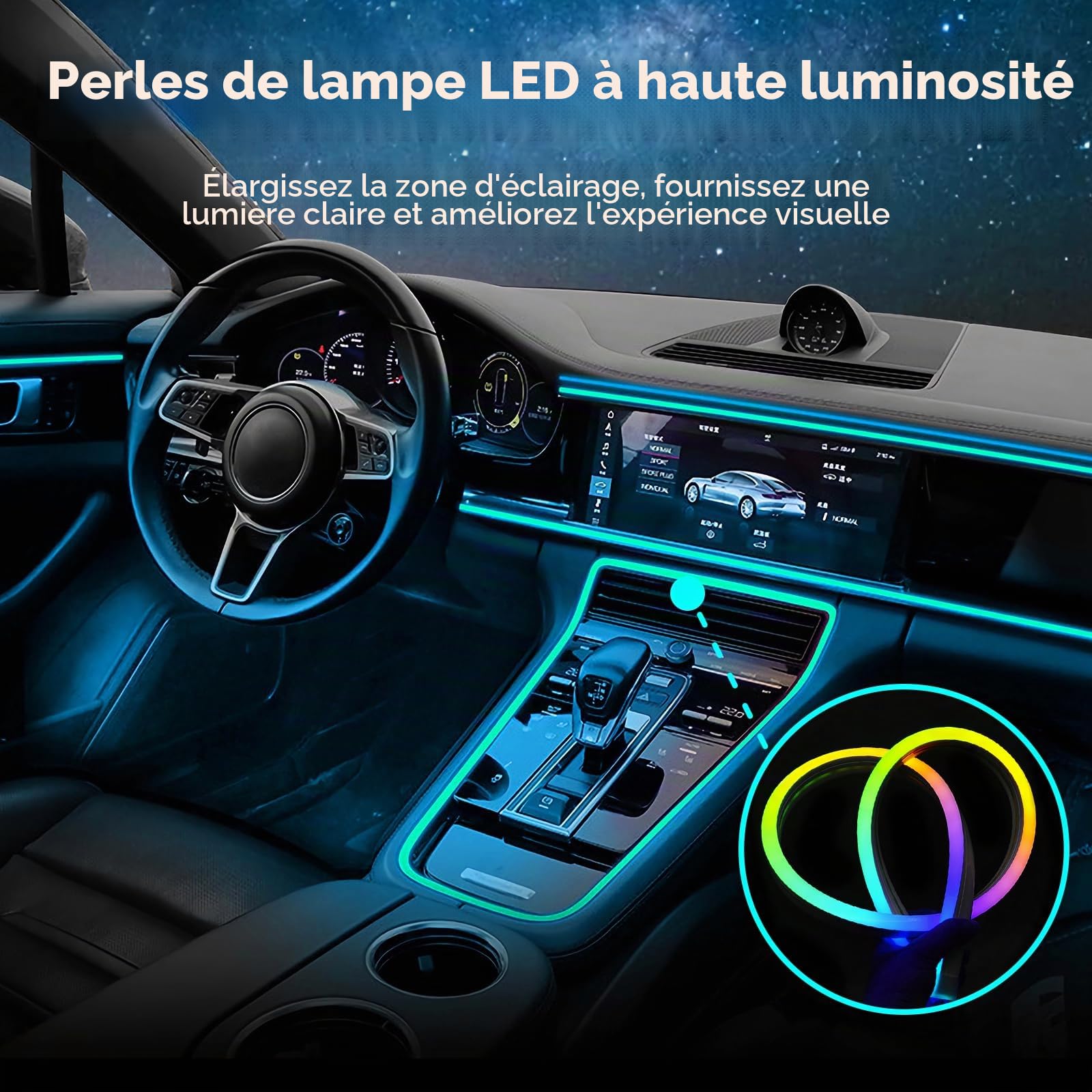 6 in 1 Acrylique Voiture LED Intérieure Éclairage, 168 LEDs RGB Ambiance Lumière, App + Télécommande Contrôle Contrôlable, Multicolore Ambiance Lumière