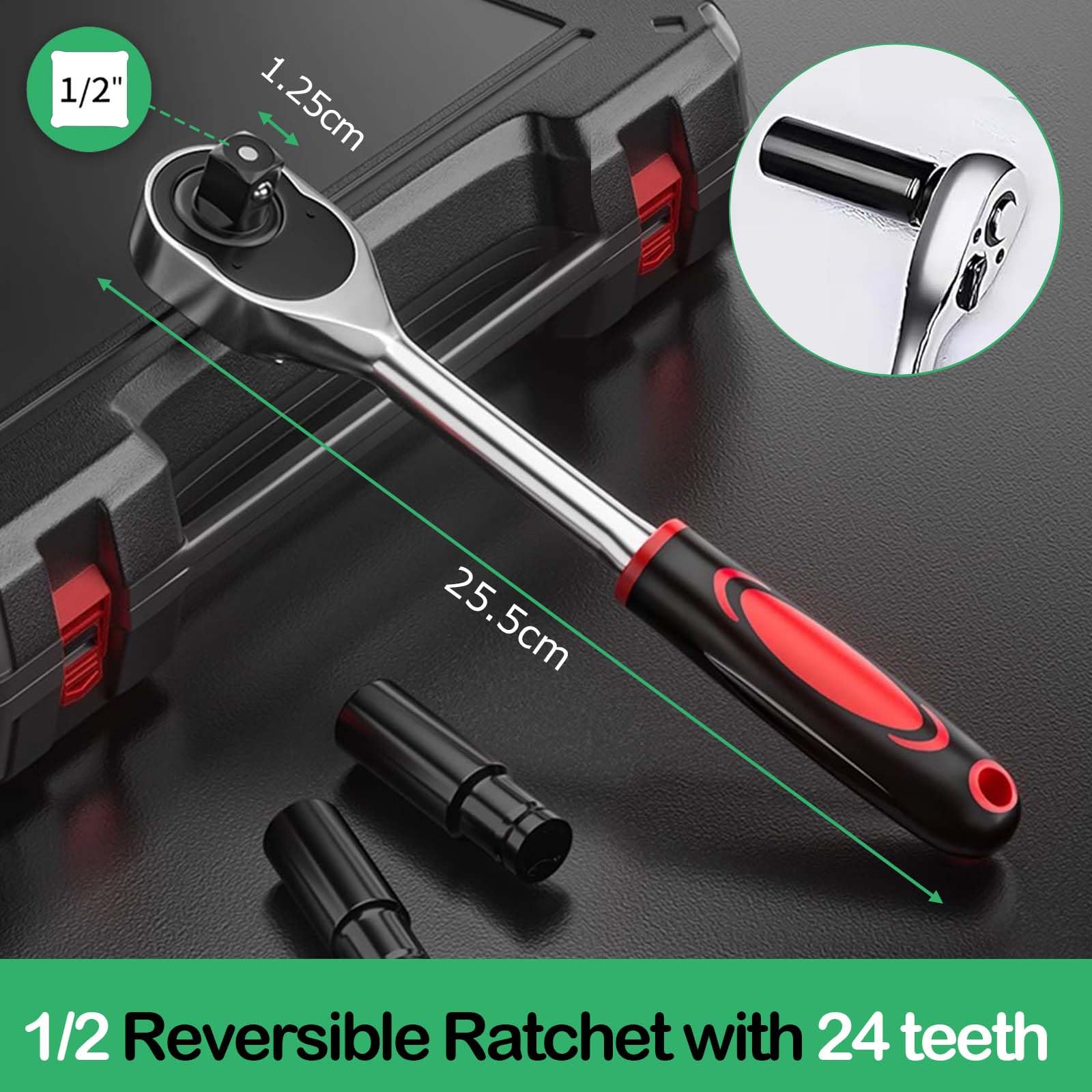 Set di 14 Pezzi Chiave a Bussola Lunga 1/2" Pollice (8-24mm) con Cricchetto e Valigetta, Kit Chiavi a Bussola, Set Bussole a Impatto 1/2" per Riparazioni Auto, Cambio Gomme