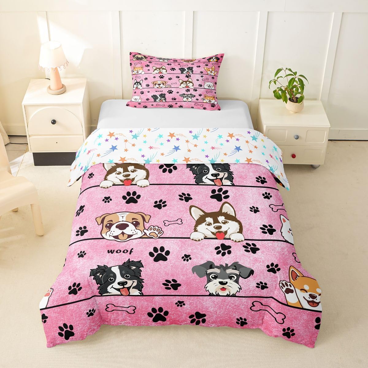 Manfei Cute Dog Kids Duvet Cover Set Toddler Size,Lovely Puppy Animals Paw Print Bedding Set,Kawaii Cartoon Style Room Decor,Pink Quilt Cover,1 Pillowcase(No Comforter)