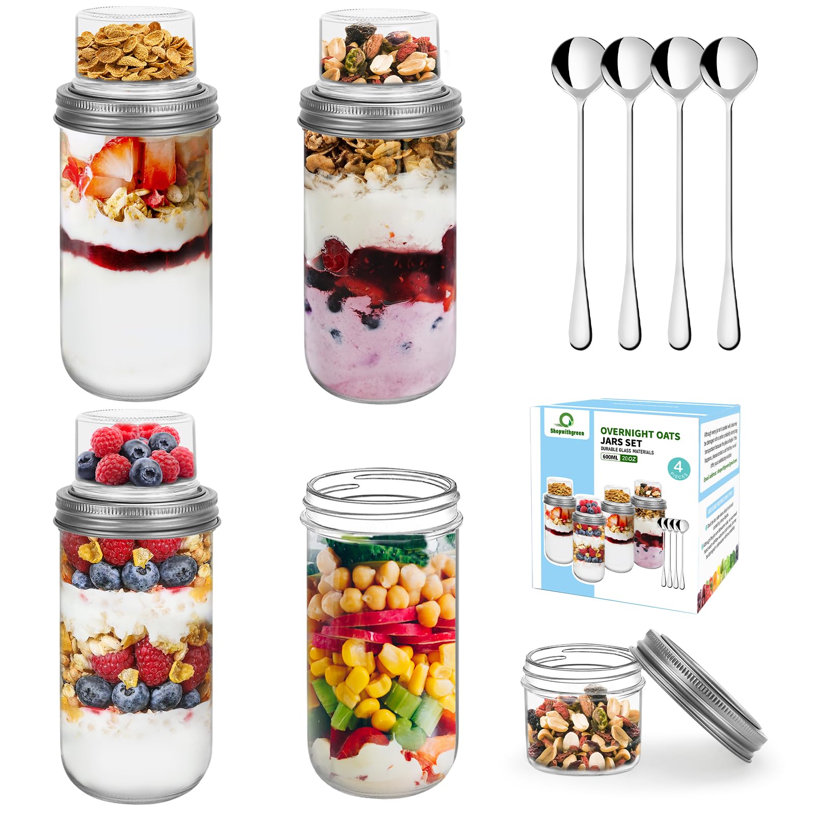 4 pack overnight oats containers with lids and spoons, dual-layer chia pudding jars with dry/wet separation, yogurt parfait cups, (22 oz+4oz) glass mason salad jars with lids for breakfast oatmeal