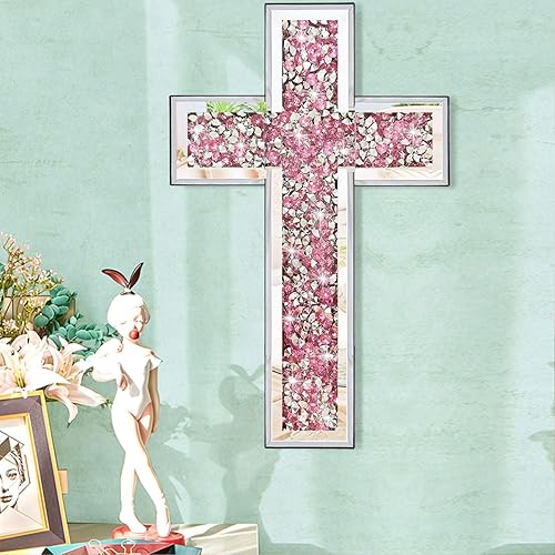 Miniatura 7 de Uaussi Cruz de pared de diamante triturado con espejo y cuentas de 20 x 12.5 pulgadas, cruz de cristal decorativa para pared y mesa, escultura