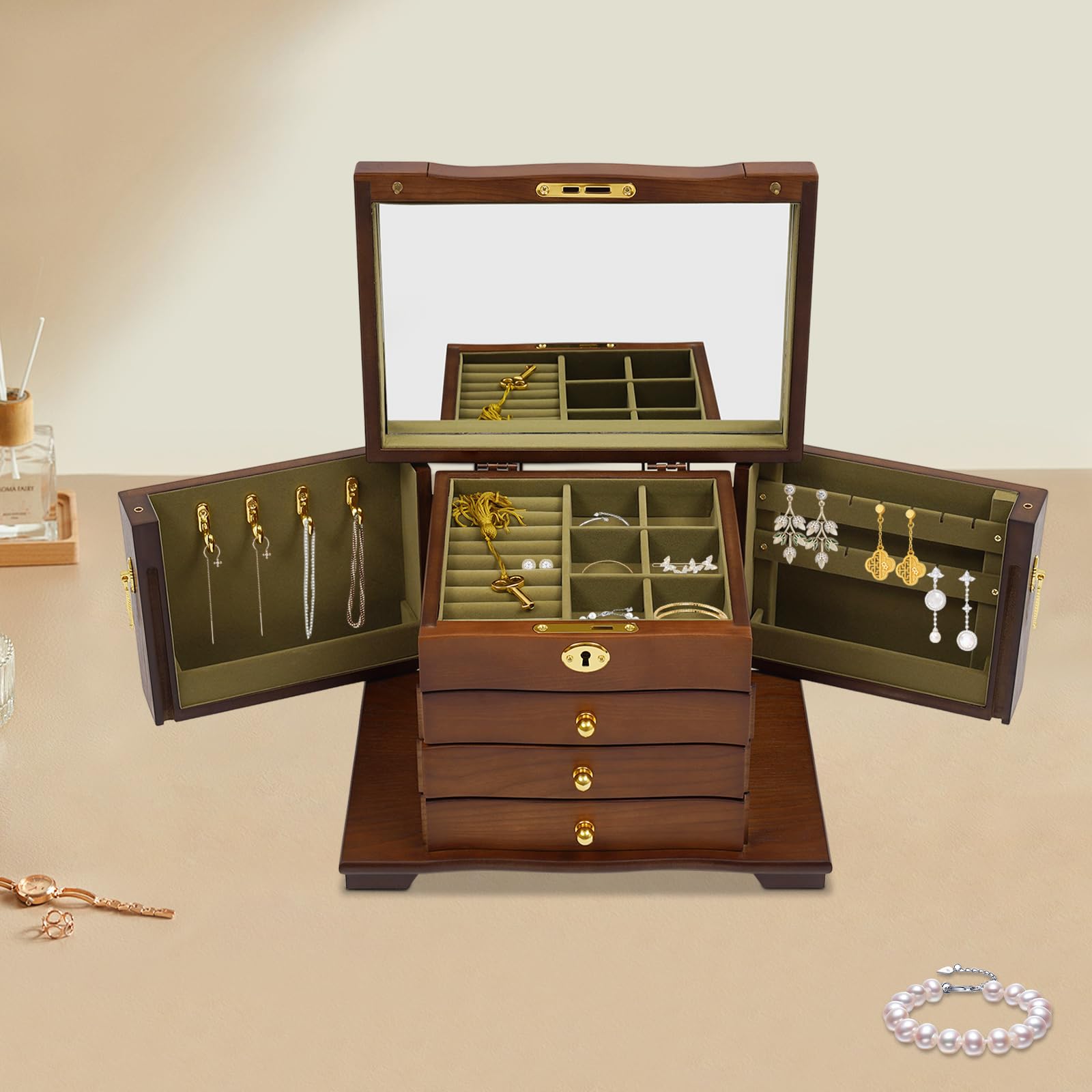 Frebeauty Grande portagioie in pelle PU a 6 ripiani con serratura, custodia con specchio, porta accessori con 5 cassetti per orecchini, collane, bracciali, orologi e occhiali da sole per donne (viola