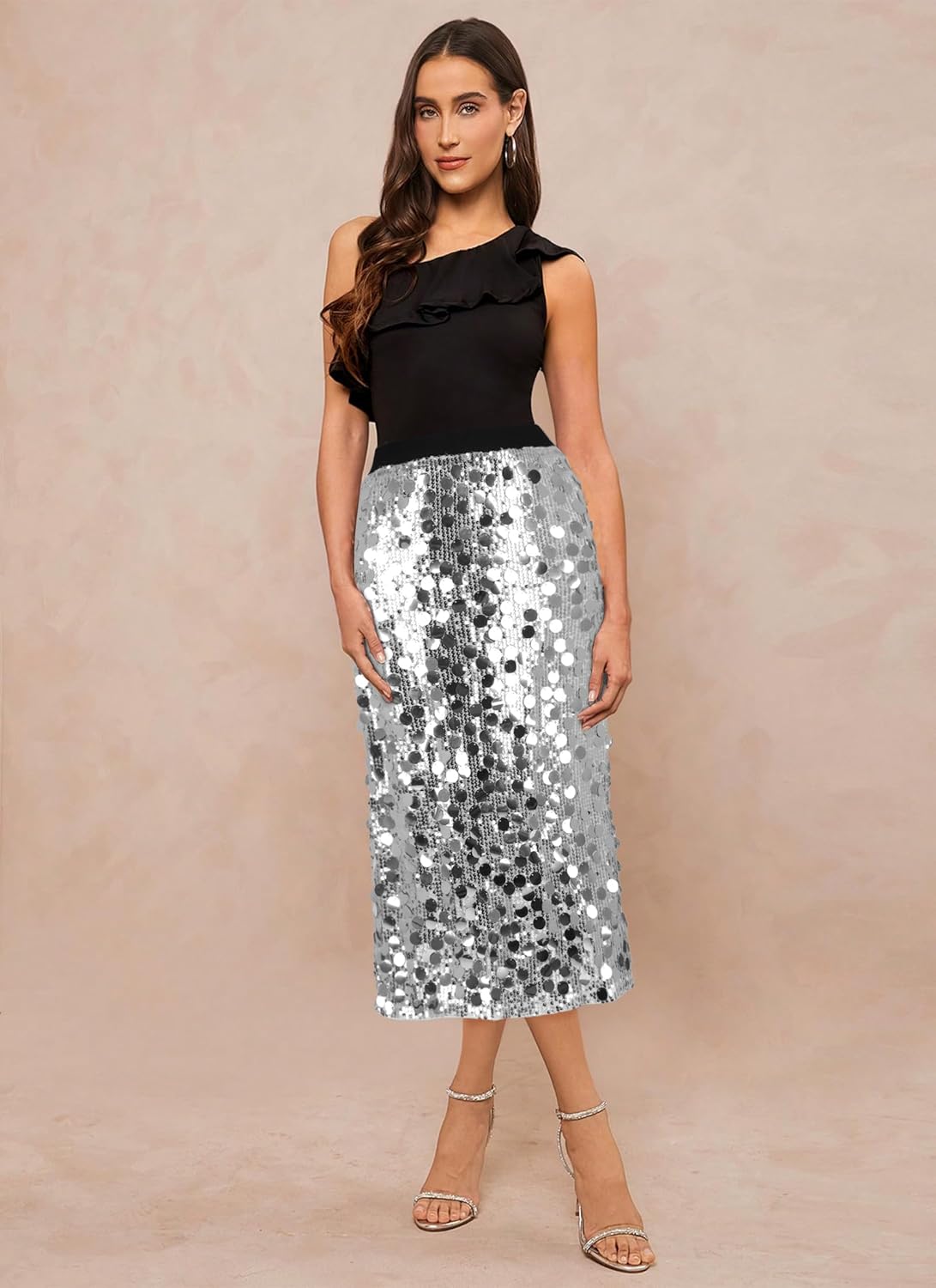 Womens Sequin Skirt Elastic Waist High Waist A line Sparkly Shiny Midi Concerts Night Out Club Party Skirts - Image 2