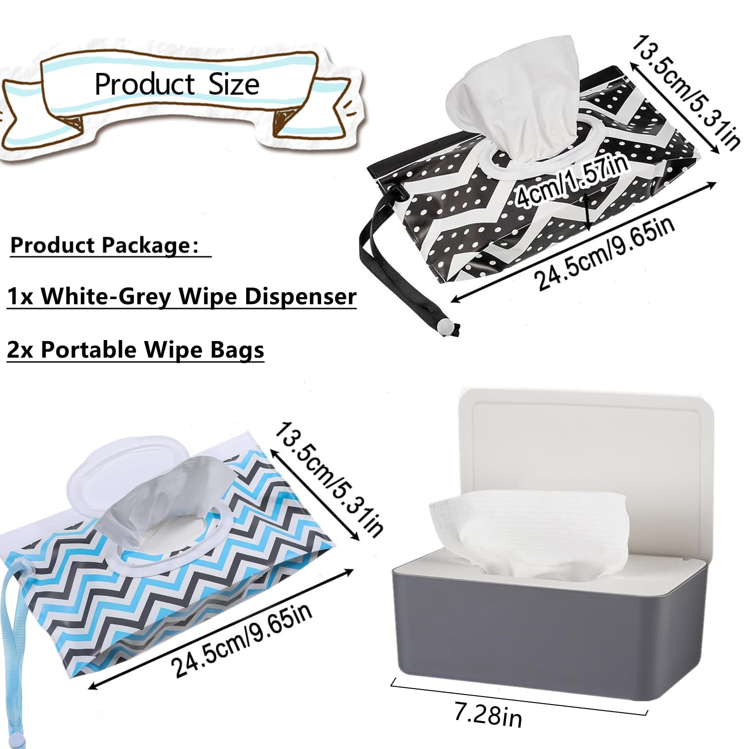 Wipes Dispenser with 2Pcs Portable Refillable Wipe Holder,Reusable Large Wipe Holder Box Flushable Wipes Case Bathroom Wipes Container for Pet Nursery Kitchen Office Counter(Grey-White) - Image 2