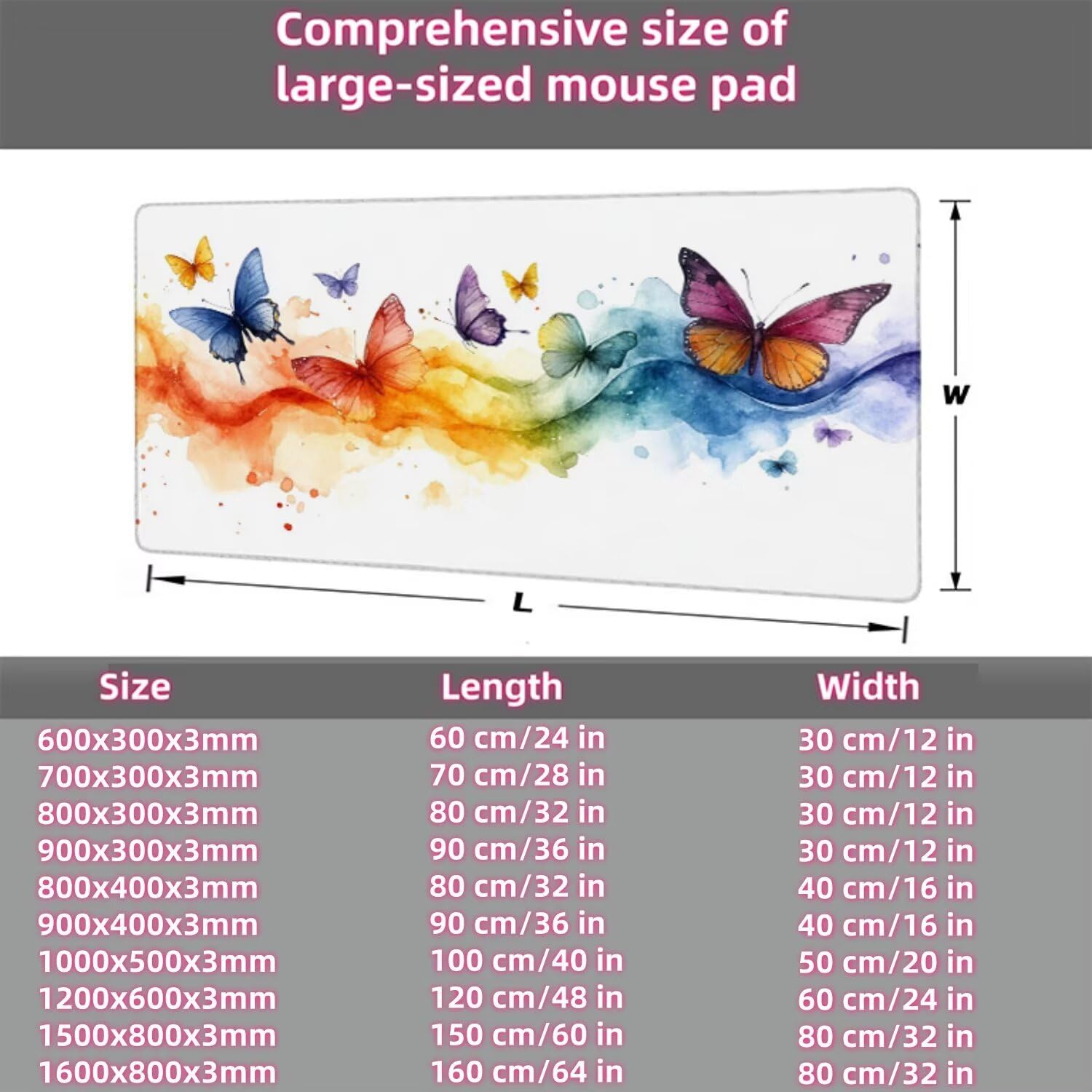 Podkładka pod mysz motyl 1600x800x3mm duża podkładka pod mysz, kolorowa podkładka pod mysz dla graczy, szyte krawędzie, antypoślizgowa gumowa podstawa, podkładka pod klawiaturę i mysz, do akcesoriów