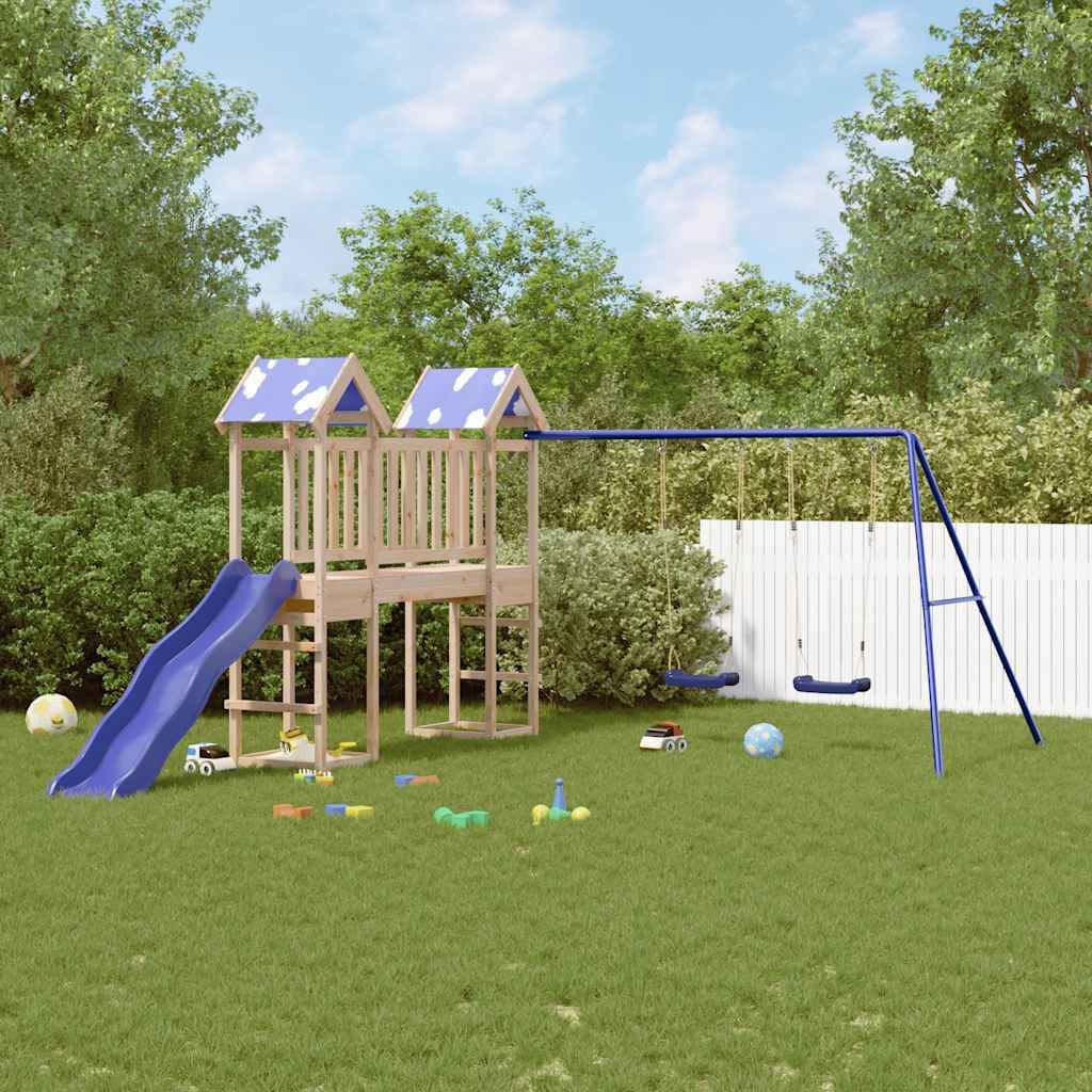 Spielturm Massivholz Kiefer Kinderspielhaus mit Wellenrutsche Doppelschaukel und Sandkasten Gartenspielgerät für Kinder 3-8 Jahre Outdoor Holzspielplatz mit Wolkendach und Klettergerüst