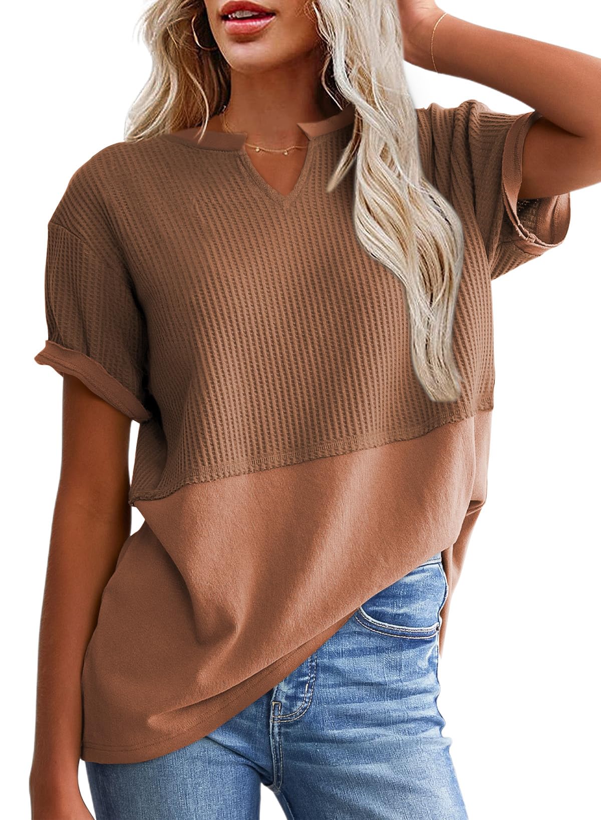 SHEWIN Womens Casual V Neck Waffle Knit Tops Short Sleeve T Shirts Loose Blouses