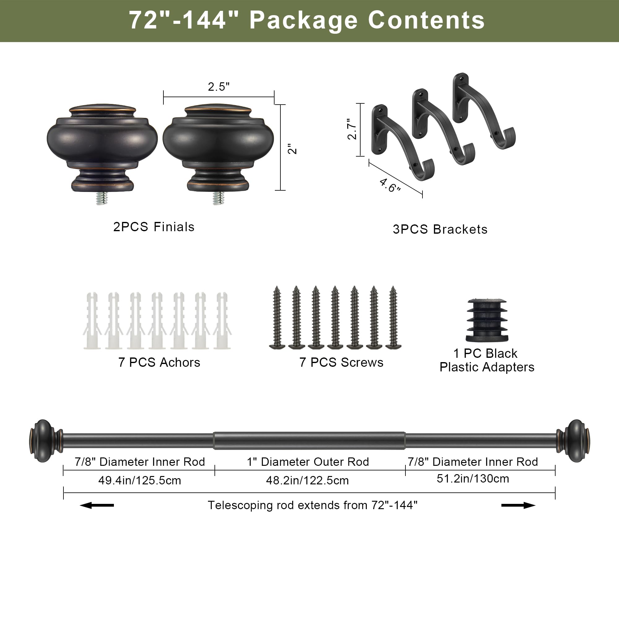 Adjustable Curtain Rods - Up to 72" Long -7