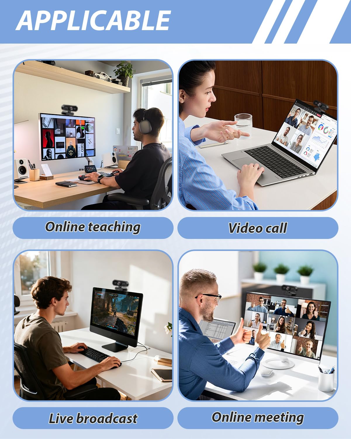 Webcam Full HD, 1080P/30fps Webcam mit Mikrofon, Facecam USB Web Cam, 90° Weitwinkel Rauschunterdrückung, Automatische Lichtkorrektur, Plug&Play für PC Live-Streaming Videoanruf Konferenz Spiel