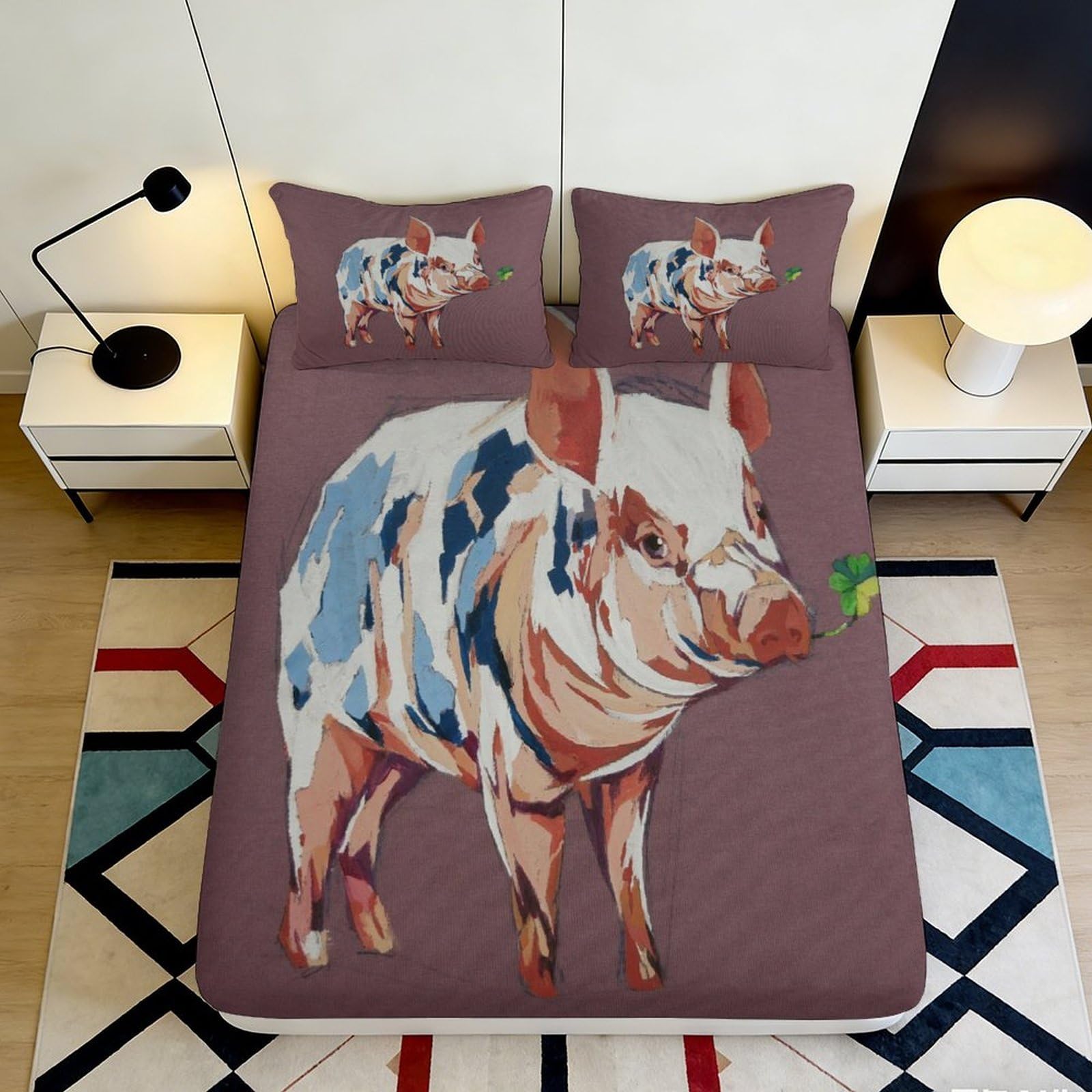 3D Printed Artistic Pig Fitted Sheet Microfiber Anti-Slip Mattress Cover Cartoon Animal Bed Decor for Bedroom Dorm 120x200x25cm