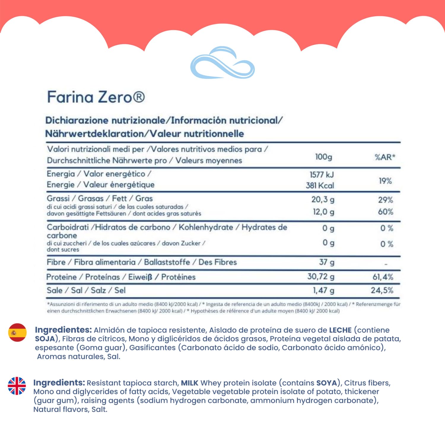 Nuvola Zero Farina Zero Sin Gluten 180g Paquete 3 Piezas para Pasta Pizzas Pasteles Pan