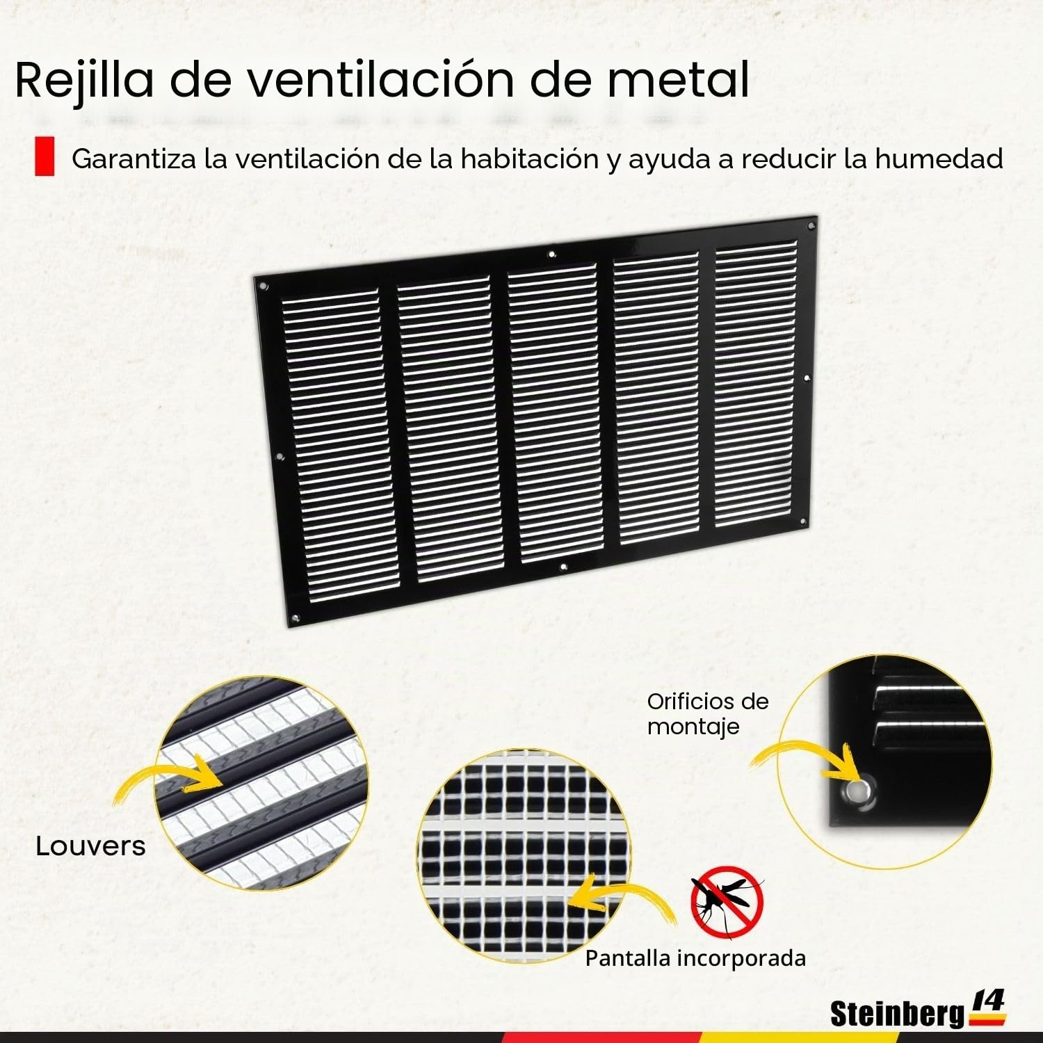 Negro 500x300 mm Rejilla de Ventilacion con Mosquitera, Metalica