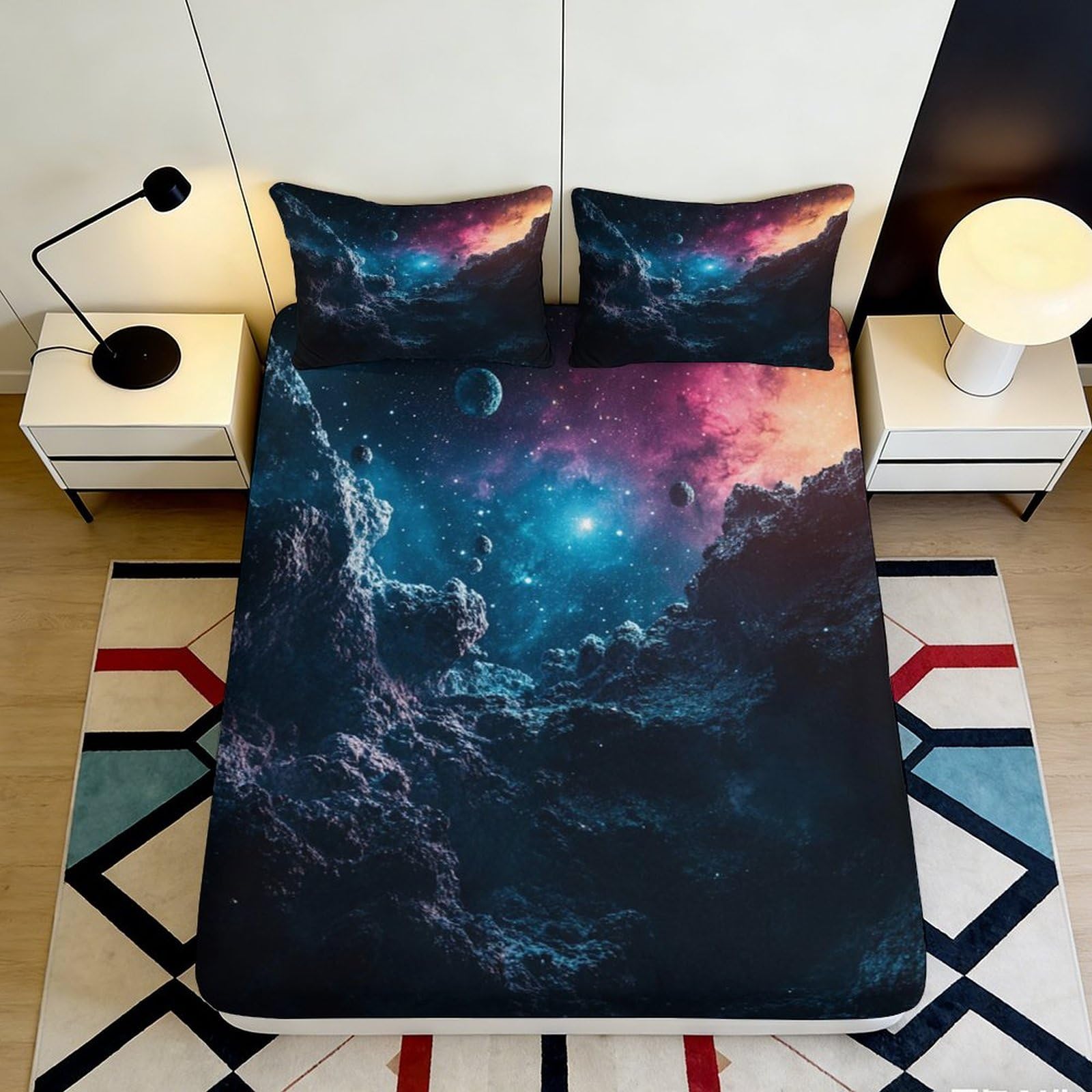 3D Printed Galaxy Starry Sky Fitted Sheet Microfiber Soft Decor Cosmic Nebula Mattress Cover for Bedroom Dorm 90x200x25cm