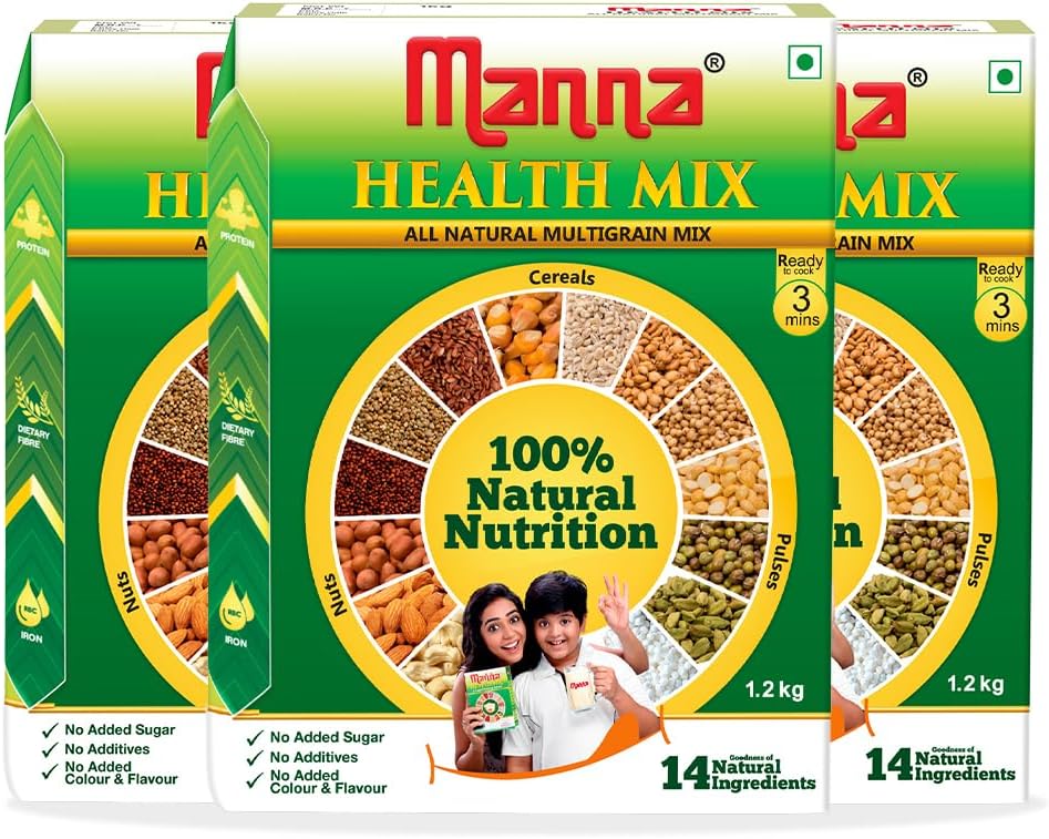 Manna Health Mix | 100% Natural Multigrain Nutrition Drink for Kids | Multi Millet Health Mix Powder 3kg (1kg x 3 Packs) | 14 Natural Ingredients Sathu maavu