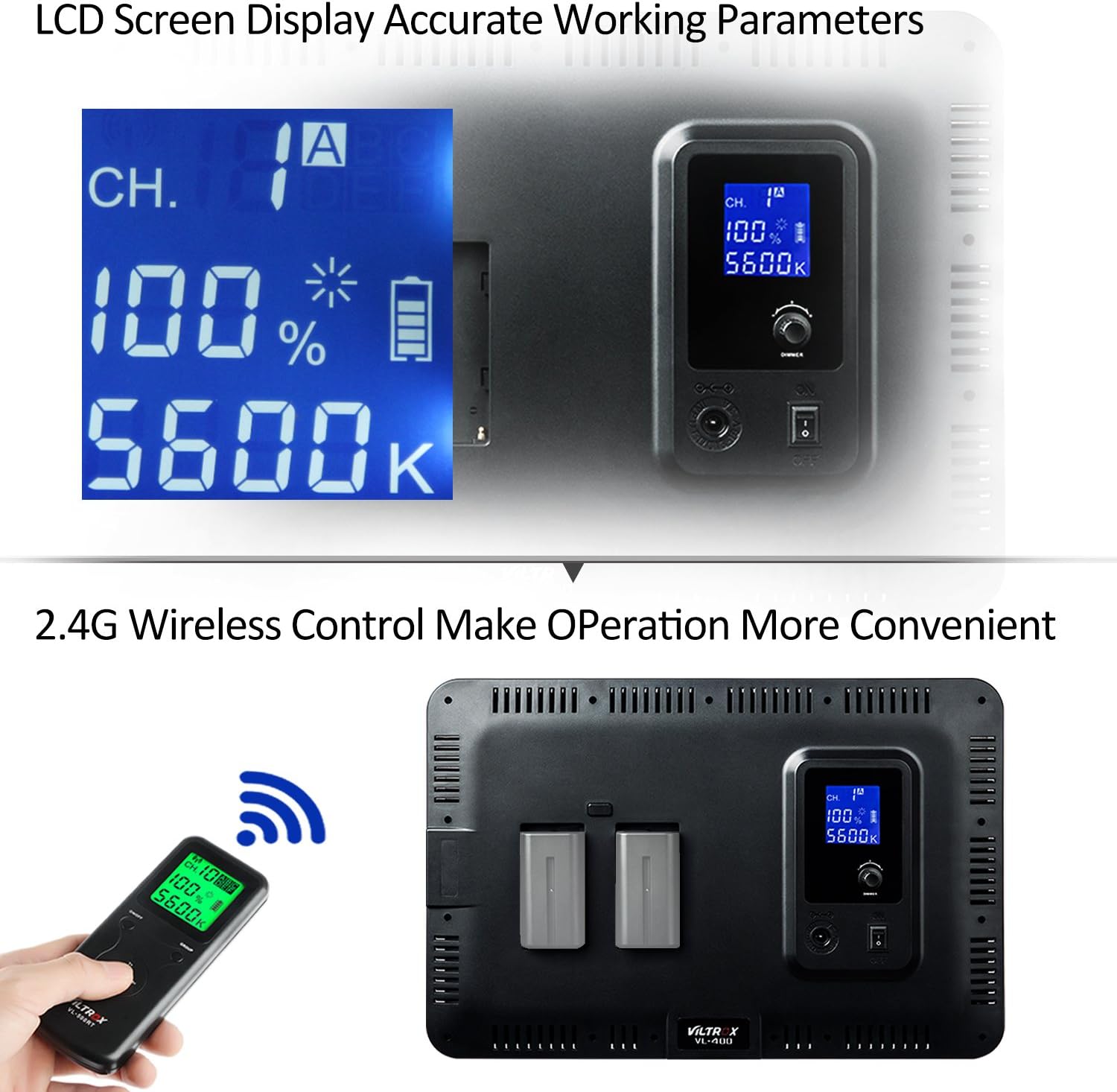 Close-up of the Viltrox VL 400T LCD screen and remote control