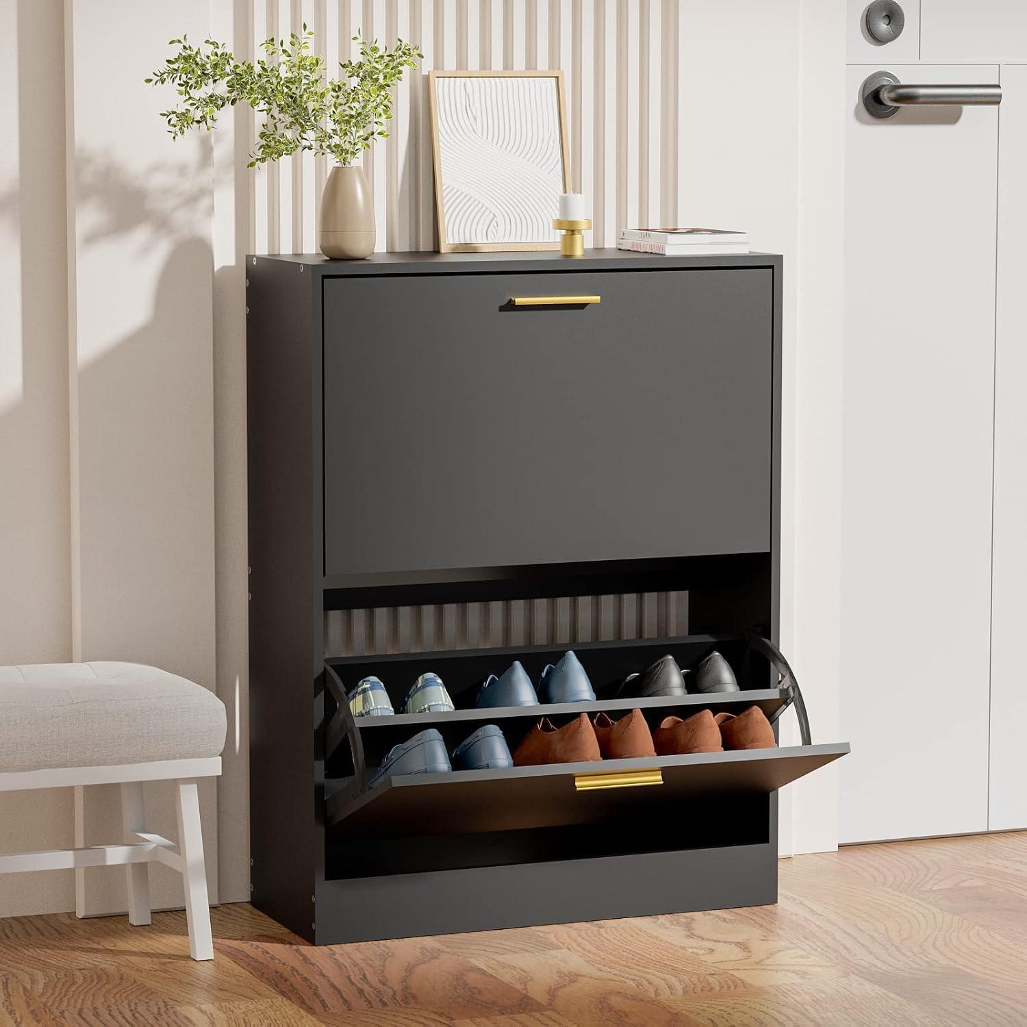 Shoe Cabinet for Entryway, Black Slim Shoe Cabinet with 2 Flip Drawers Narrow Shoe Storage Cabinet 2 Tier Freestanding Shoe Organizer for Entryway, Hallway, Living Room